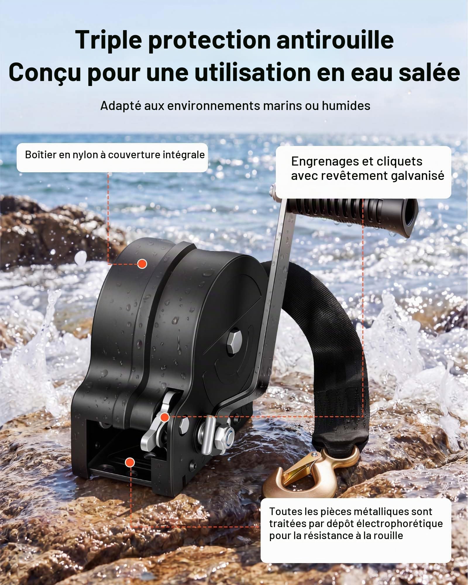 VEVOR Treuil Manuel avec Sangle 726 kg, Treuil Remorque Bateau avec Sangle en Polyester Noire 6,1 m, pour Bateau et Remorque, Cliquet Bidirectionnel, Engrenage Renforcé et Manivelle Antidérapante