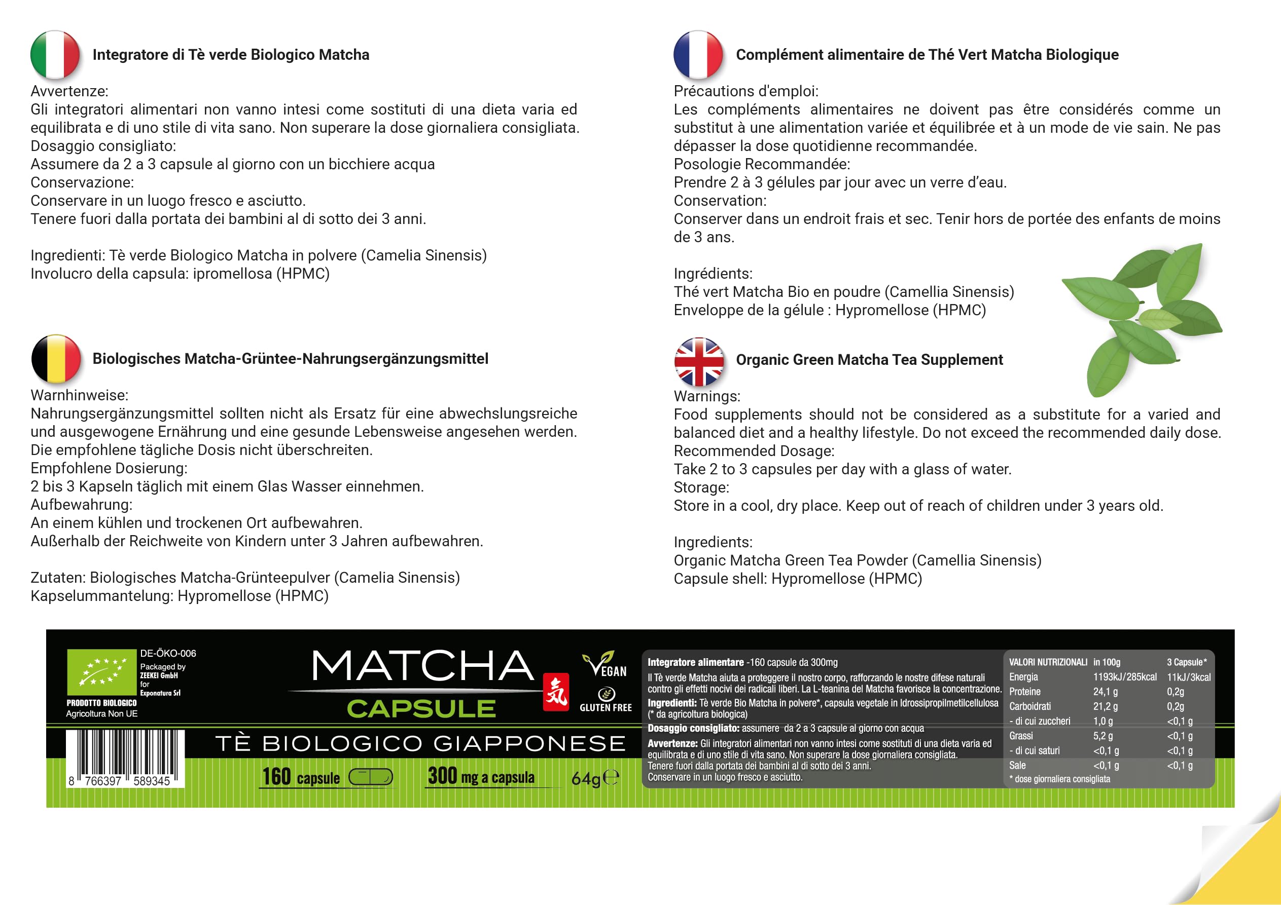 mondomatcha - Tè Verde Matcha Biologico Giapponese – 160 Capsule – Integratore 100% Vegano - Potente antiossidante - Puro e Naturale - Adatto a Vegani e Vegetariani - SENZA ADDITIVI