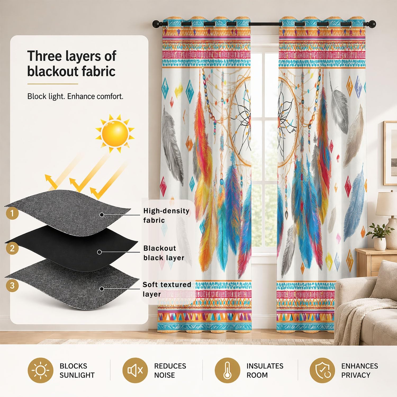 Generisch Traumfänger Feder Geometrisch Ösenvorhang für das Schlafzimmer B 91.5 x H 214 cm, Boho Exotisch Polyester Thermovorhang und Verdunkelungsvorhang, 2er-Set