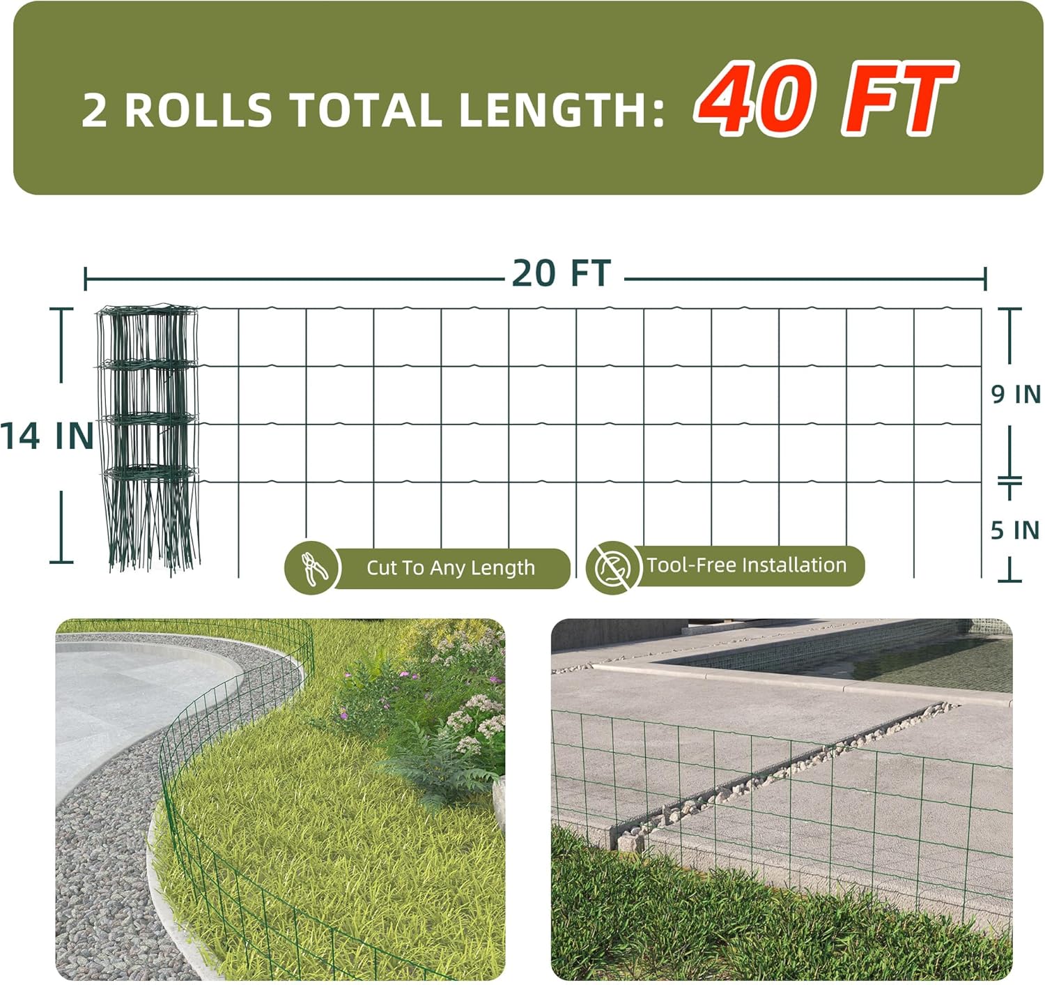 Decorative Garden Fence Border Rolls, Total 14 in x 40 ft 2 Pack Metal Folding Flat Wire Fencing for Yard, Green PVC Coated Outdoor Patio Landscape Flower Bed Edging