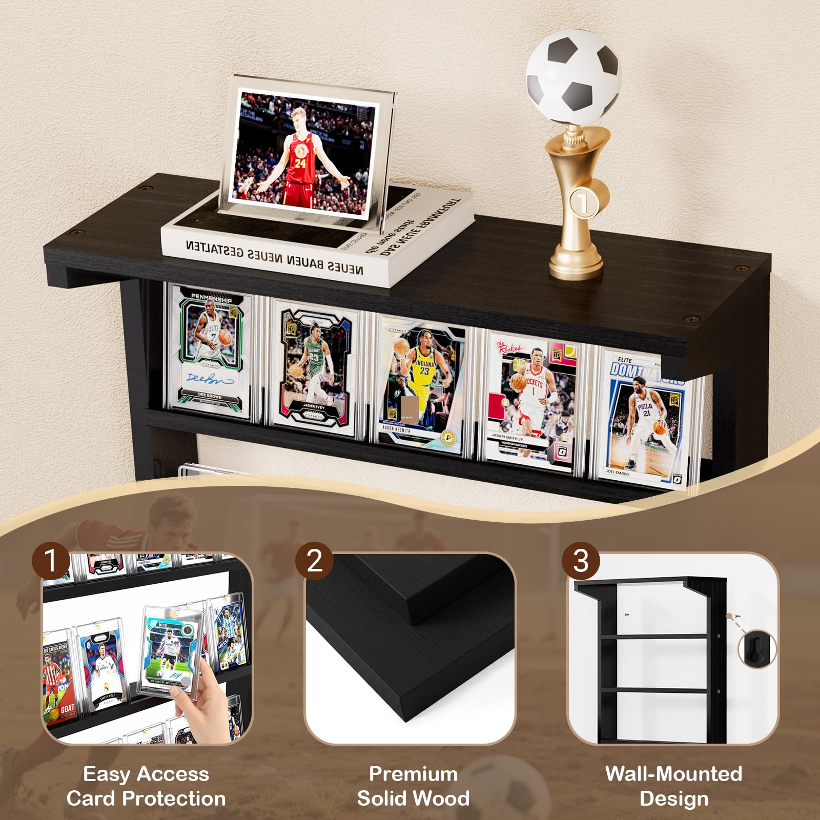Espositore per carte collezionabili da parete, 5 ripiani, grande, in legno, con ripiano superiore, espositore per carte sportive, collezione di carte da baseball, basket, calcio (nero)