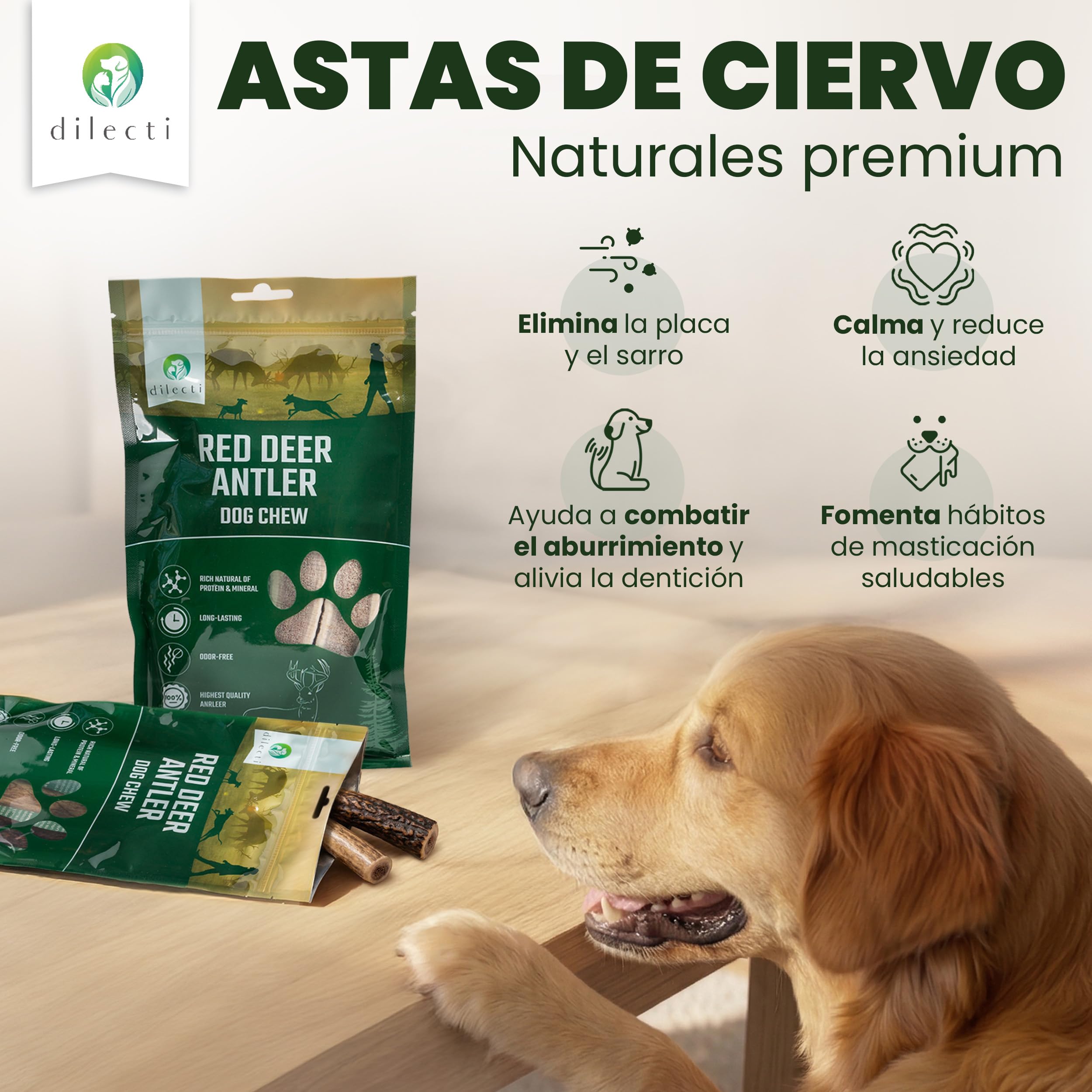 Asta de Ciervo para Perros Hueso Perro Morder Que Reduce el Sarro, Mordedor Natural para Cachorros y Perros Grandes (Duro S (Paquete de 3))