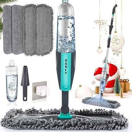 Microfiber Spray Mop for Floor Cleaning Wet Dry, 360 Degree Spin Dust Home Kitchen Hardwood Floor Flat Mops with 360ML Refillable Bottle Include 4 Microfiber Reusable Pads 1 Scrubber and 1 Mop Holder