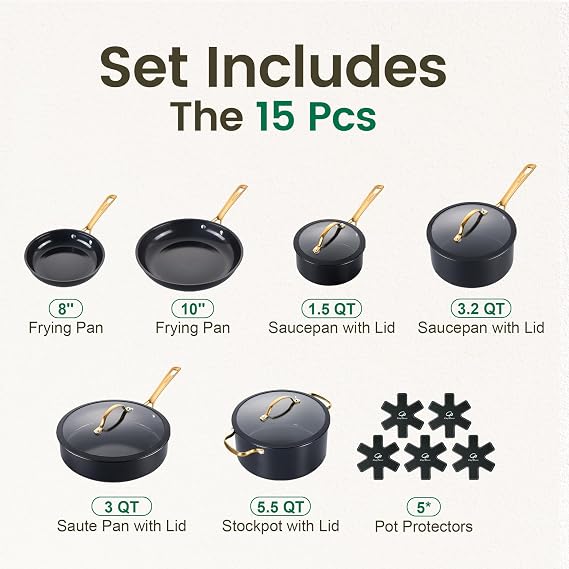 Chef Power Ceramic Cookware Sets, 15Pcs Pots and Pans Set Non Stick, Cookware Set with Stainless Steel Handle, Dishwasher & Oven Safe, Stone Black and Light Gold Handle