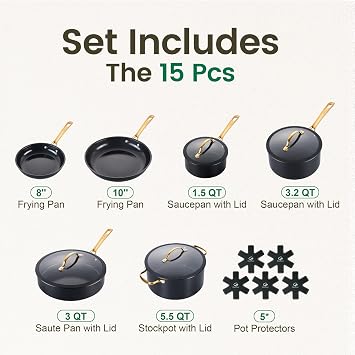 Chef Power Ceramic Cookware Sets, 15Pcs Pots and Pans Set Non Stick, Cookware Set with Stainless Steel Handle, Dishwasher & Oven Safe, Stone Black and Light Gold Handle