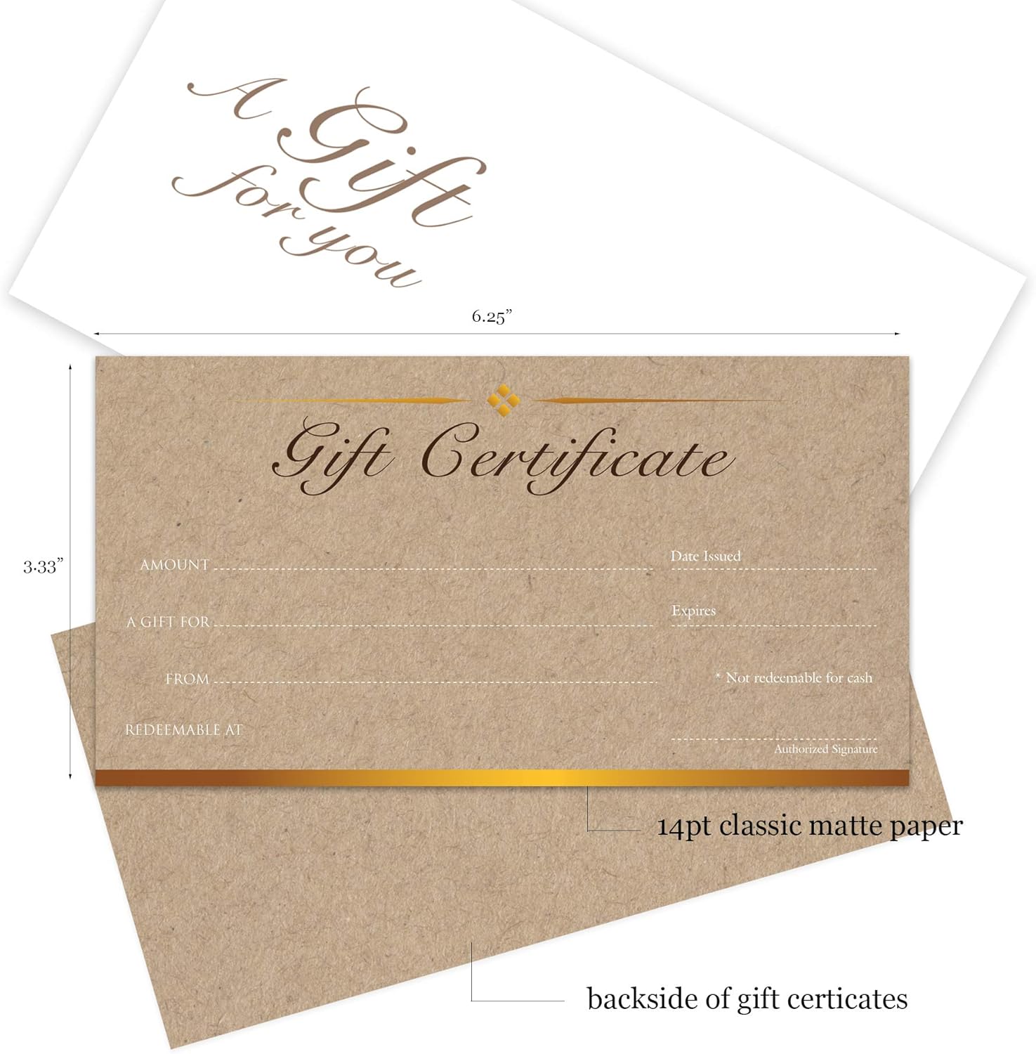 Blank Gift Certificates 25 Set with Free Matching Envelopes - Kraft Image - 6.25" x 3.33" - Gift Certificates for Small Business