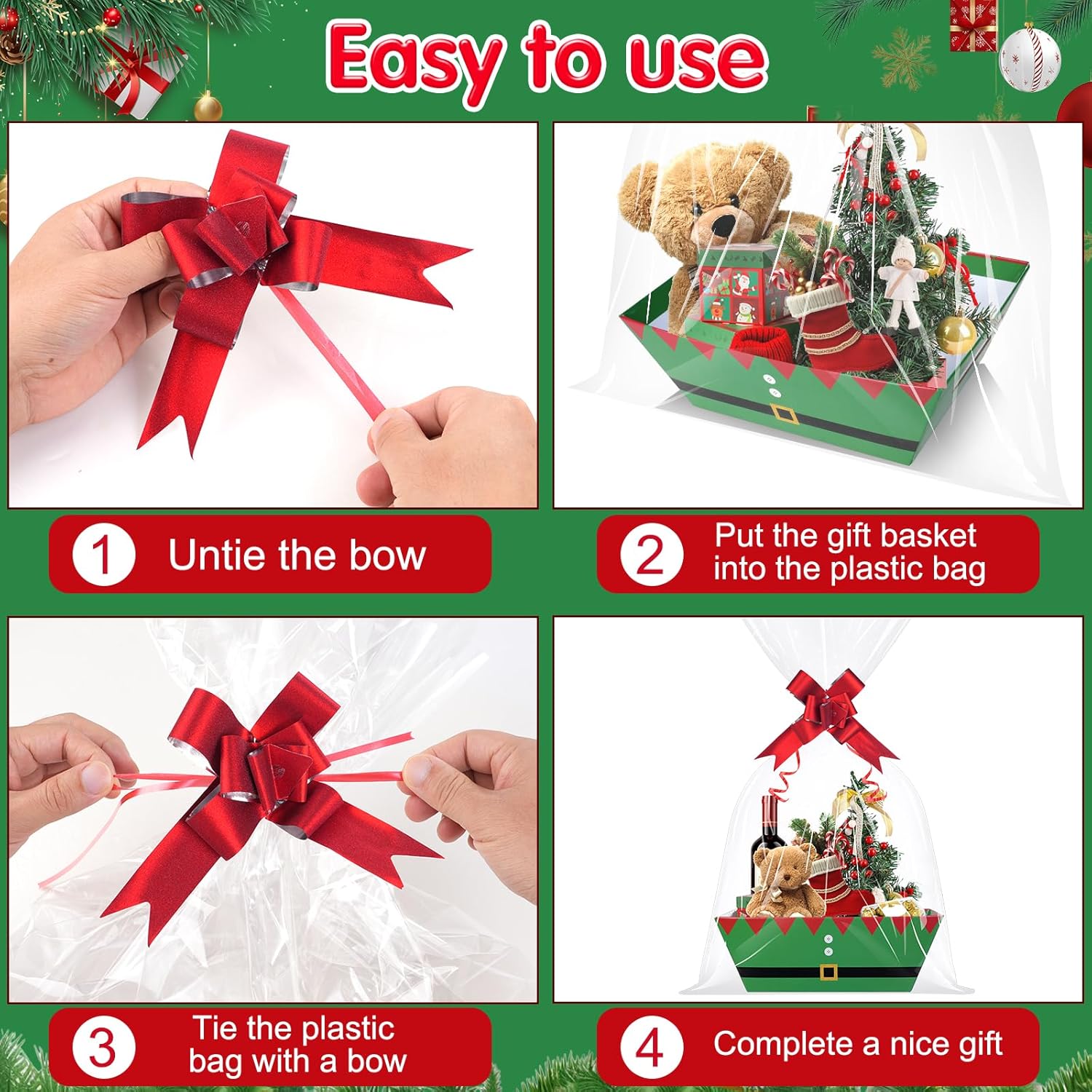76Pcs 24 Set Christmas Gifts Baskets Bulk with Cellophane Basket Bags and Bows Ribbons,Red Green White Black Empty Christmas Cardboard Gift Box for Xmas Holiday Wedding Birthday Party Decorations