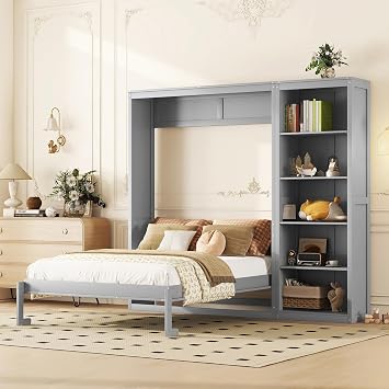 Modern Wooden Queen Size Murphy Bed Wall Bed with Five Layer Storage Shelve,for Apartments Studio Bedroom Use Gray@Shelves, Queen