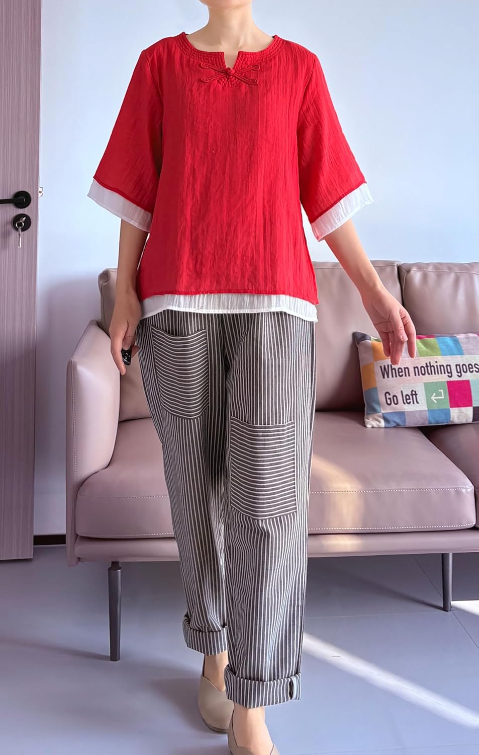 Minibee Women's Cotton Linen Shirts Summer 3/4 Length Sleeve Tops Chinese Frog Casual Blouse - Image 3