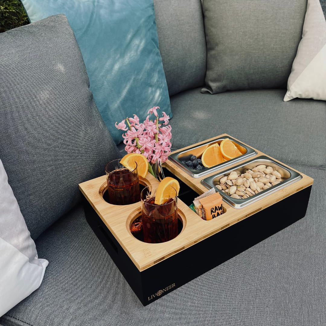 Couchbar Robuste Premium Snackbox I Einteilbares Tablett inkl. abnehmbarer Deckel, 2XL Snackschalen, Getränkehalter mit Untersetzer & Handyhalterung Couch für gemütliche Abende, Geschenkbox