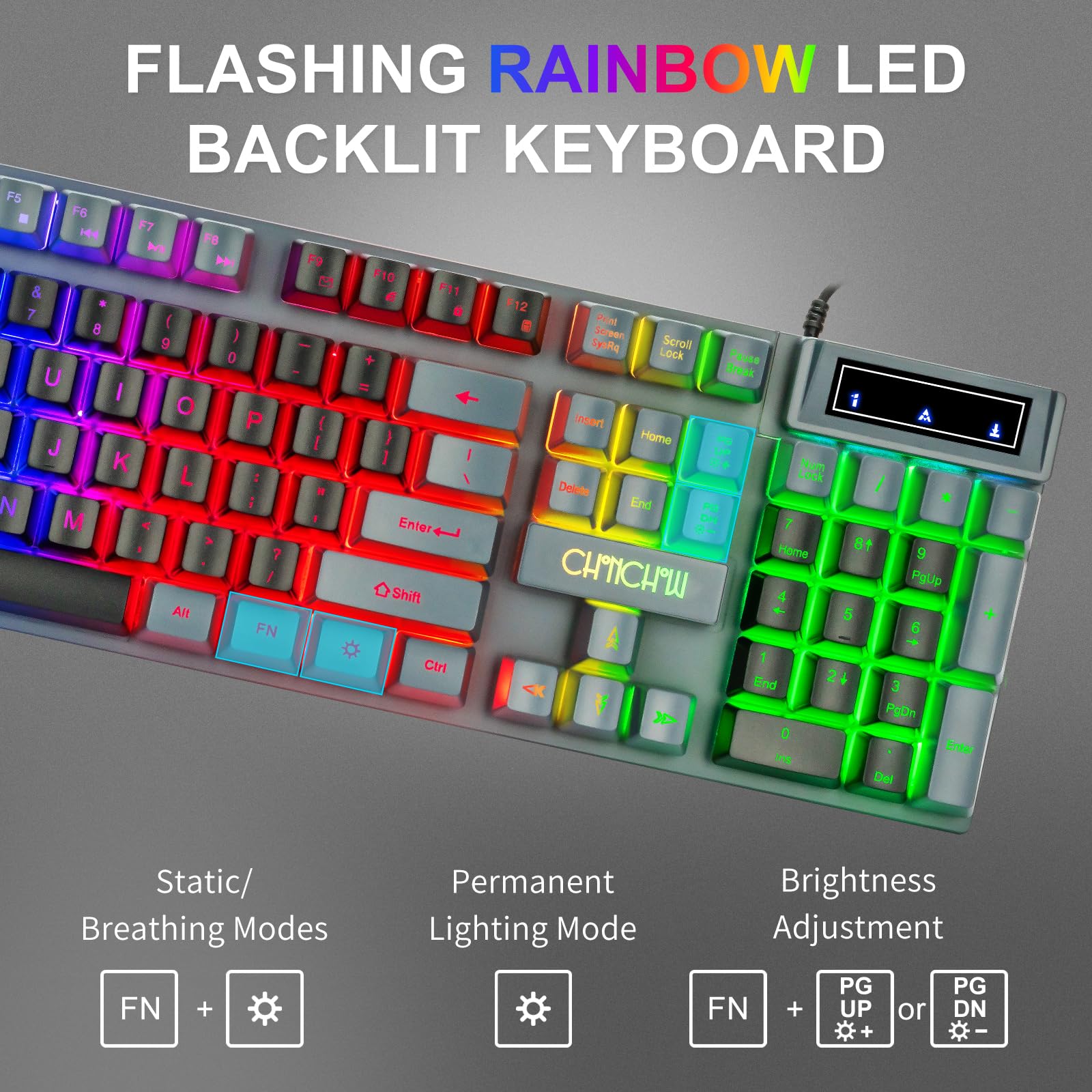 CHONCHOW Tastiera da gioco e mouse Combo retroilluminato a LED 104 tasti tastiera full size illuminata USB cablata sensazione meccanica 3600 DPI Gaming Mic per PC Windows Mac Xbox Gamer, nero e grigio