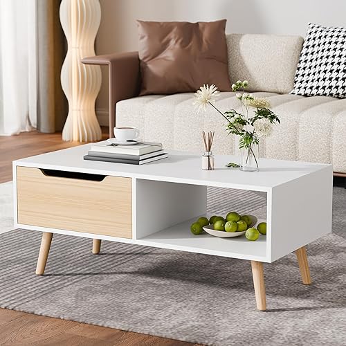 Cozy Castle Mesa de centro moderna, mesa de cóctel de madera con almacenamiento, mesa de pasillo minimalista, mesa de centro moderna de mediados de