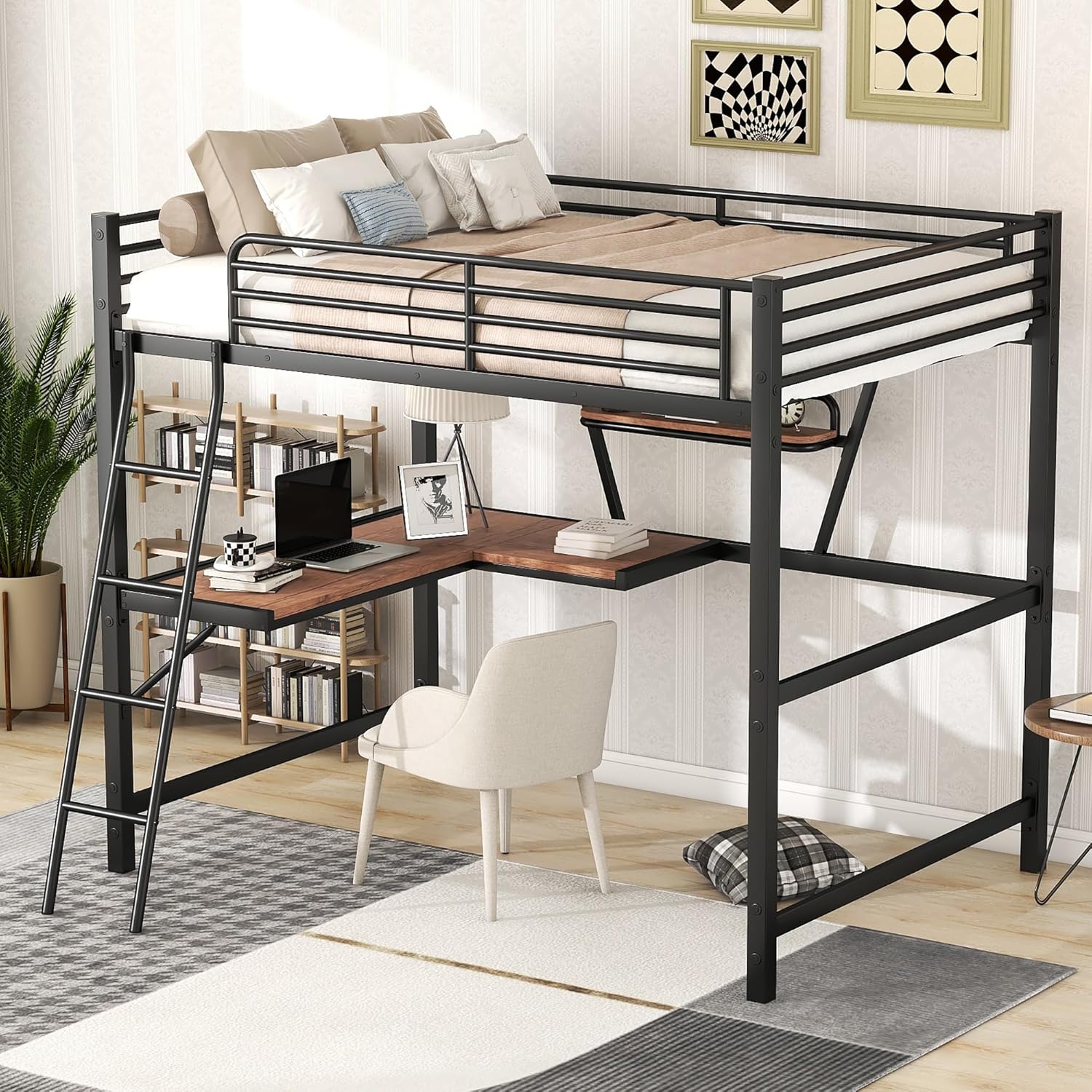 SIYSNKSI Modern Full Size Loft Bed, Metal Loft Bed Frame