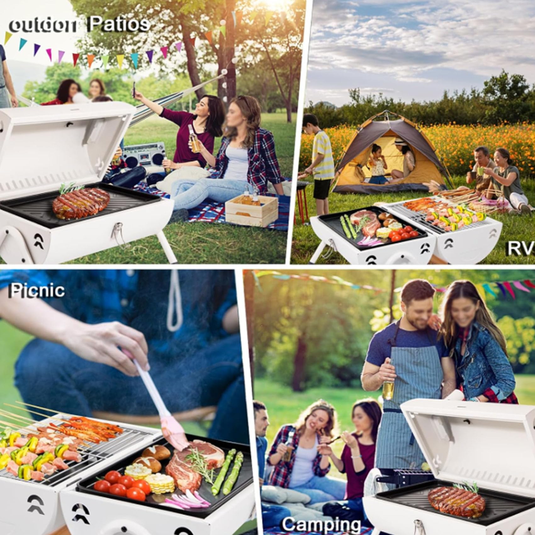 Parrilla compacta de doble cara blanca plegable para exteriores con mango resistente al calor para camping, viajes y cocina en el patio trasero, parrilla pequeña portátil para un uso fácil