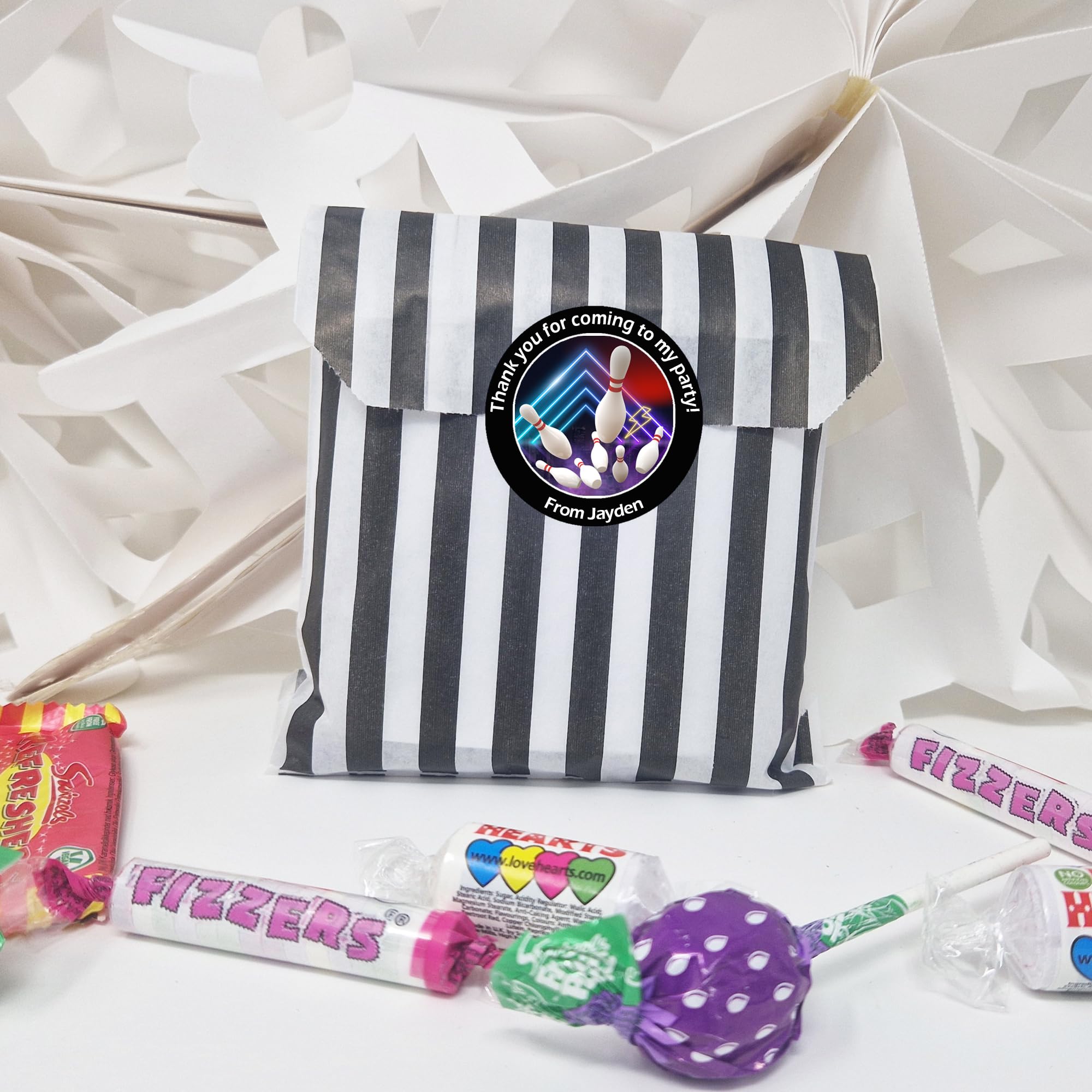 Treasured Forever Limited Black 24 Personalised Bowling Party Stickers – Thank You Labels For Sweet Cones & Favour Bags - Stickers & Empty Striped Bags
