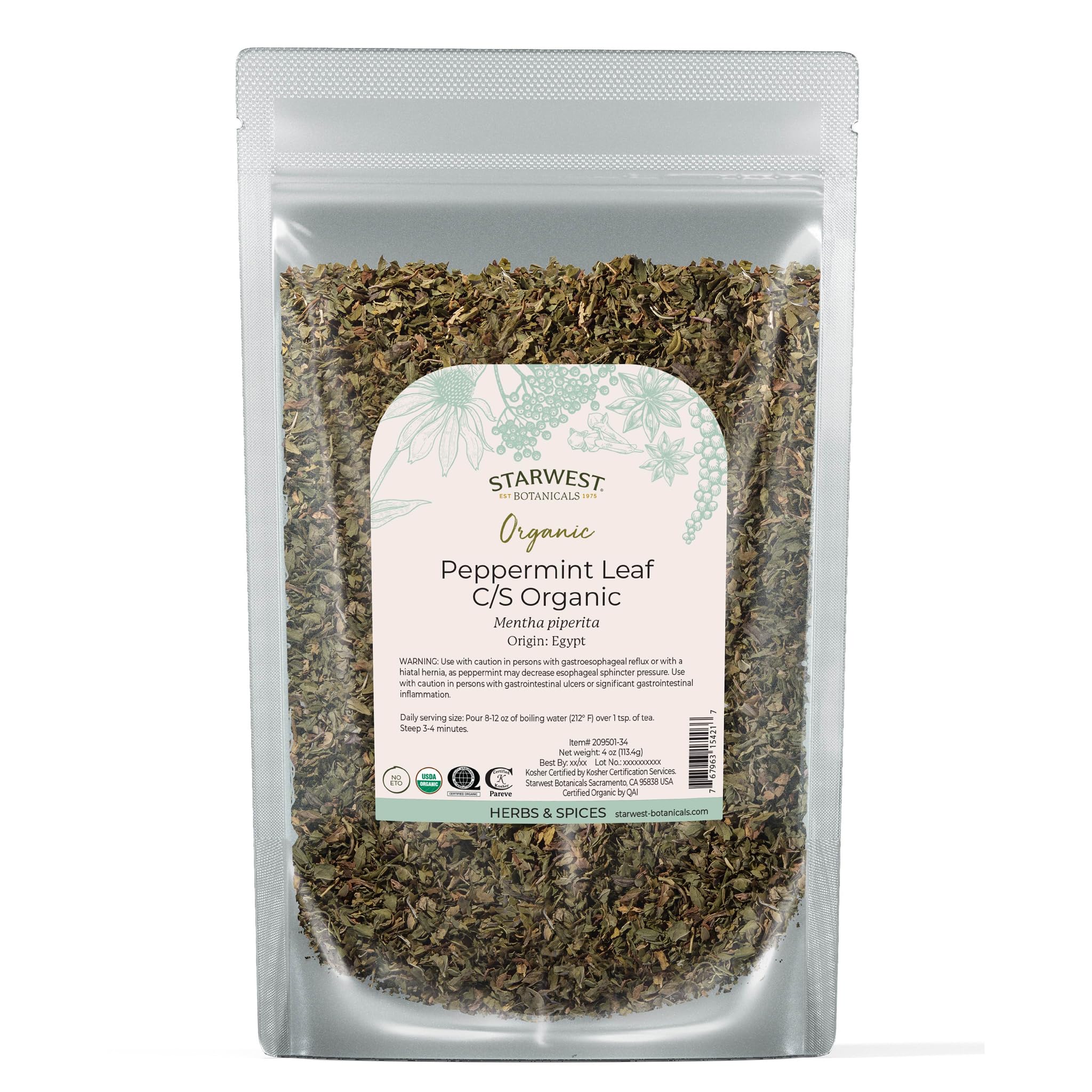 Starwest Botanicals Organic Peppermint Leaves Cut & Sifted - Dried Loose Leaf Herb for Tea, Herbal Blends, Baking, & Cooking, Caffeine Free, Sourced from Egypt, Certified Kosher, Non-GMO - 4 oz Pouch