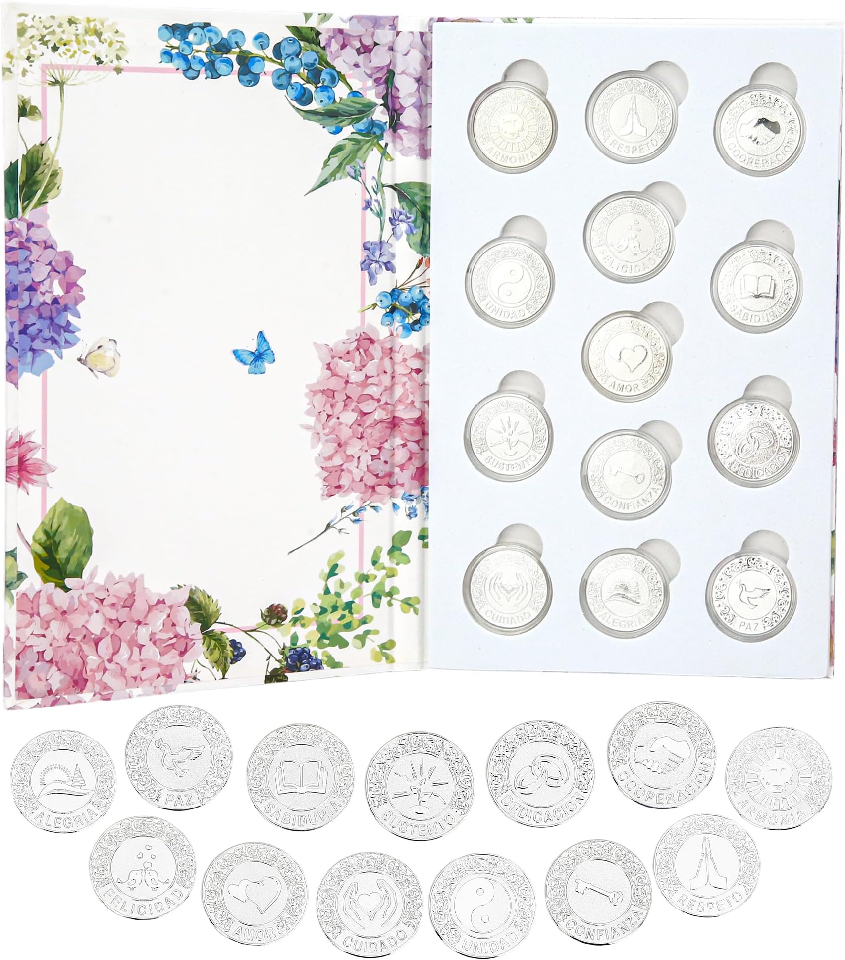 TINGKU Silver Arras de Boda Plata Wedding Unity Coins Set for Wedding Ceremony Arras Para Boda Bride Gift with Book Collection Box - Spanish