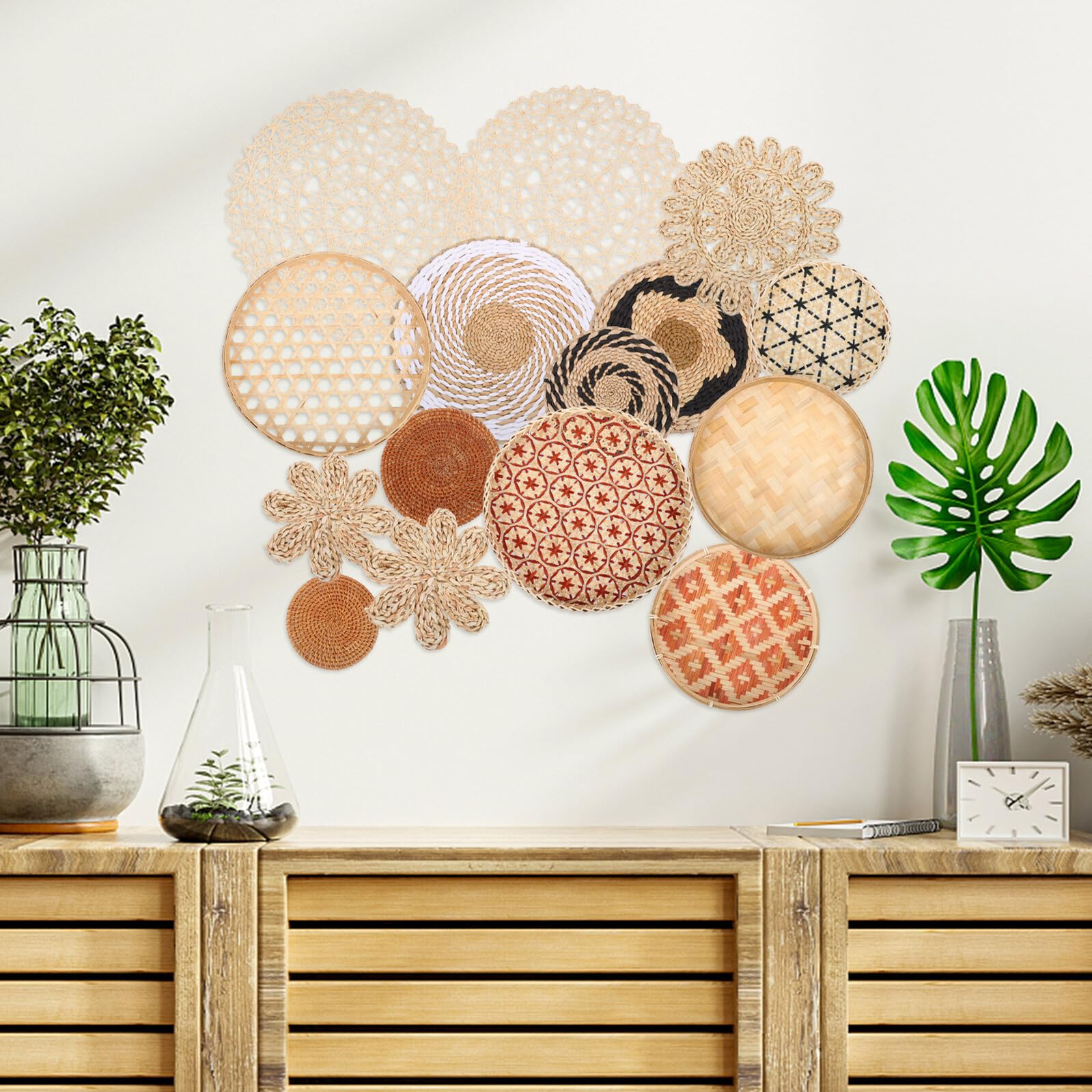 FUTUREORYY 15 Szt. Częściowy Ręcznie Plecionych Dekoracji Ściennych Boho Płaskie Okrągłe Wiklinowe Kosze Vintage Do Salonu Sypialni Kuchni i Pokoju Dziecięcego Rustykalna Ozdoba Ścianę i