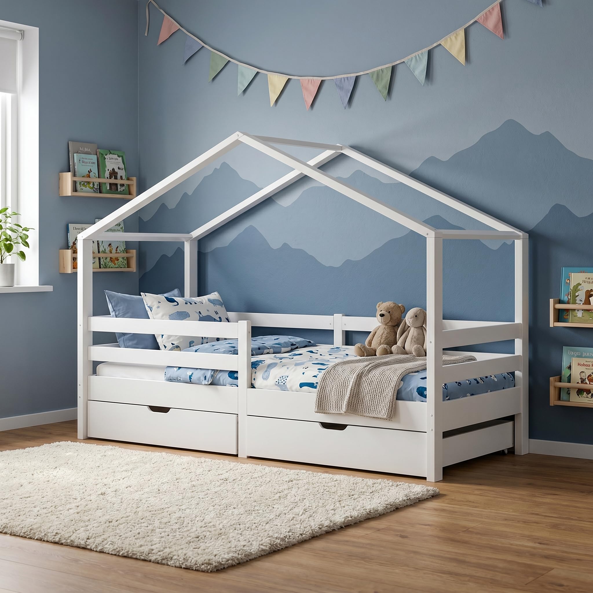 Bellabino Abia Kinderbett 90x200 cm – Hausbett mit Rausfallschutz, Lattenrost und 2 Schubladen – Montessori Kinder Bett aus Massivholz Kiefer für Jungen und Mädchen in Weiß