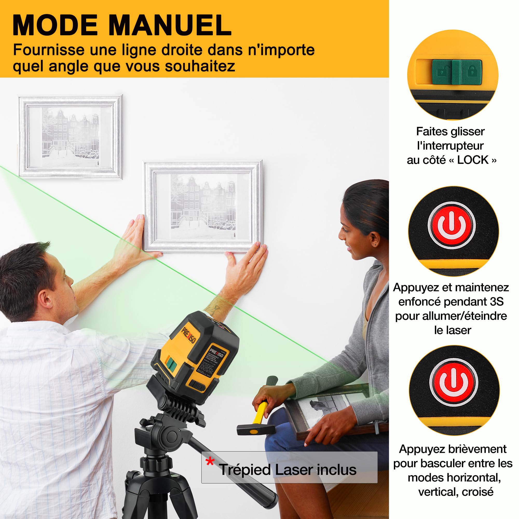 PREXISO Niveau Laser 360° Autonivelant avec Trépied | Horizontal/Croix/Vertical Niveau Laser Vert, Rechargeable, Distance de Travail 30 M, pour Construction, Carrelage, Rénovation