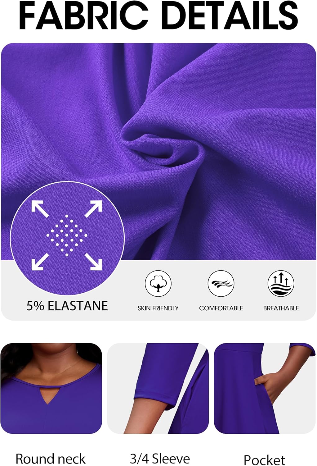 Nmoder Womens Plus Size Cocktail Dress 3/4 Sleeve Church Dresses for Women Midi Work Crewneck Dress with Pockets - Image 7