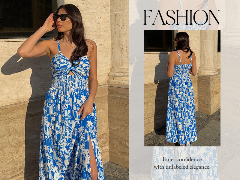 GRACE KARIN Damen Sommerkleid Lang – Boho Blumenkleid Mit Neckholder & Taschen, Strandkleid