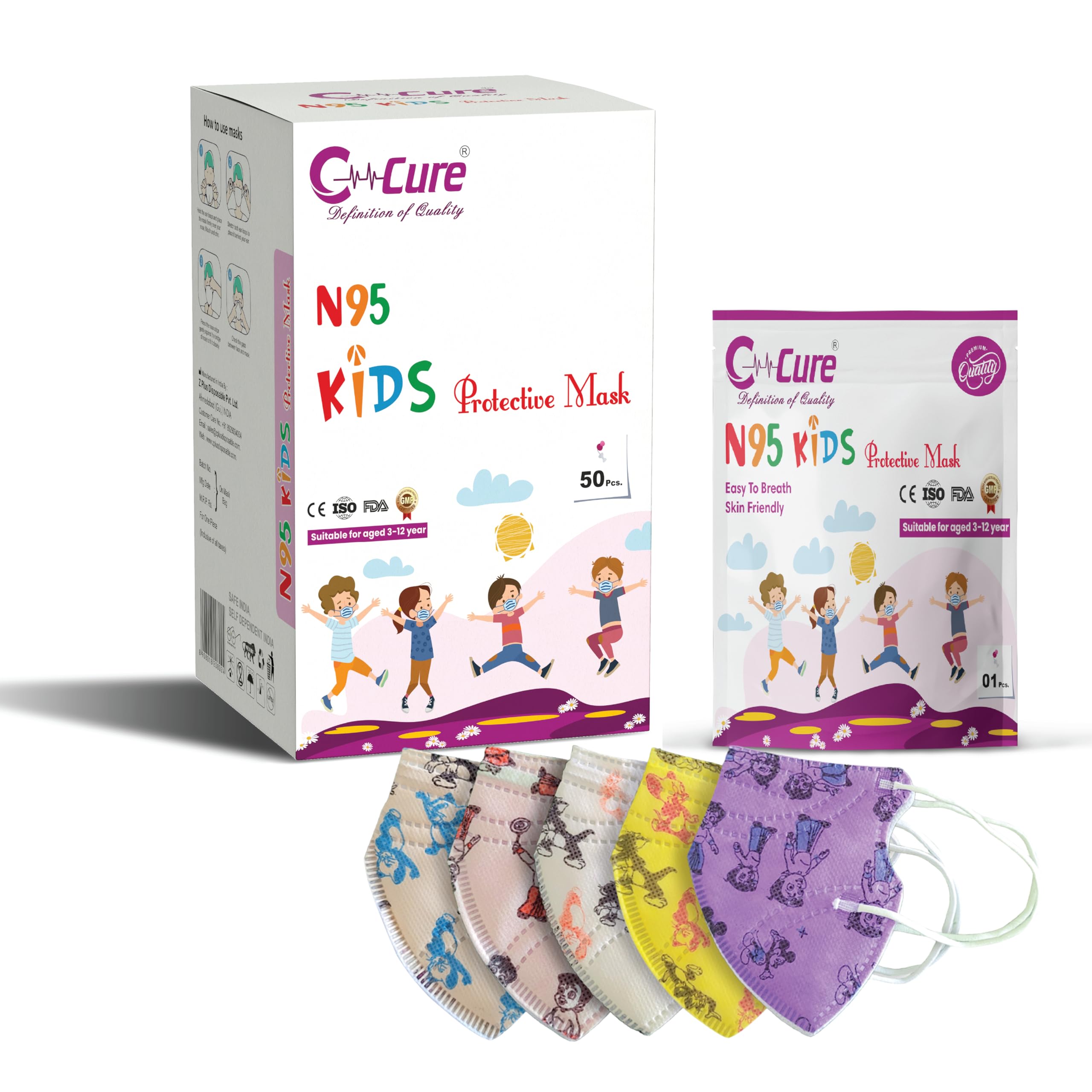 C-Cure® Non Woven Kids N95 Face Mask With 4 Layer | Ear Loop Design | Added Extra Filter Layer | Protective Face Mask For Boys & Girls Up to 14 Years (Multicolour, Pack of 50)-image-22