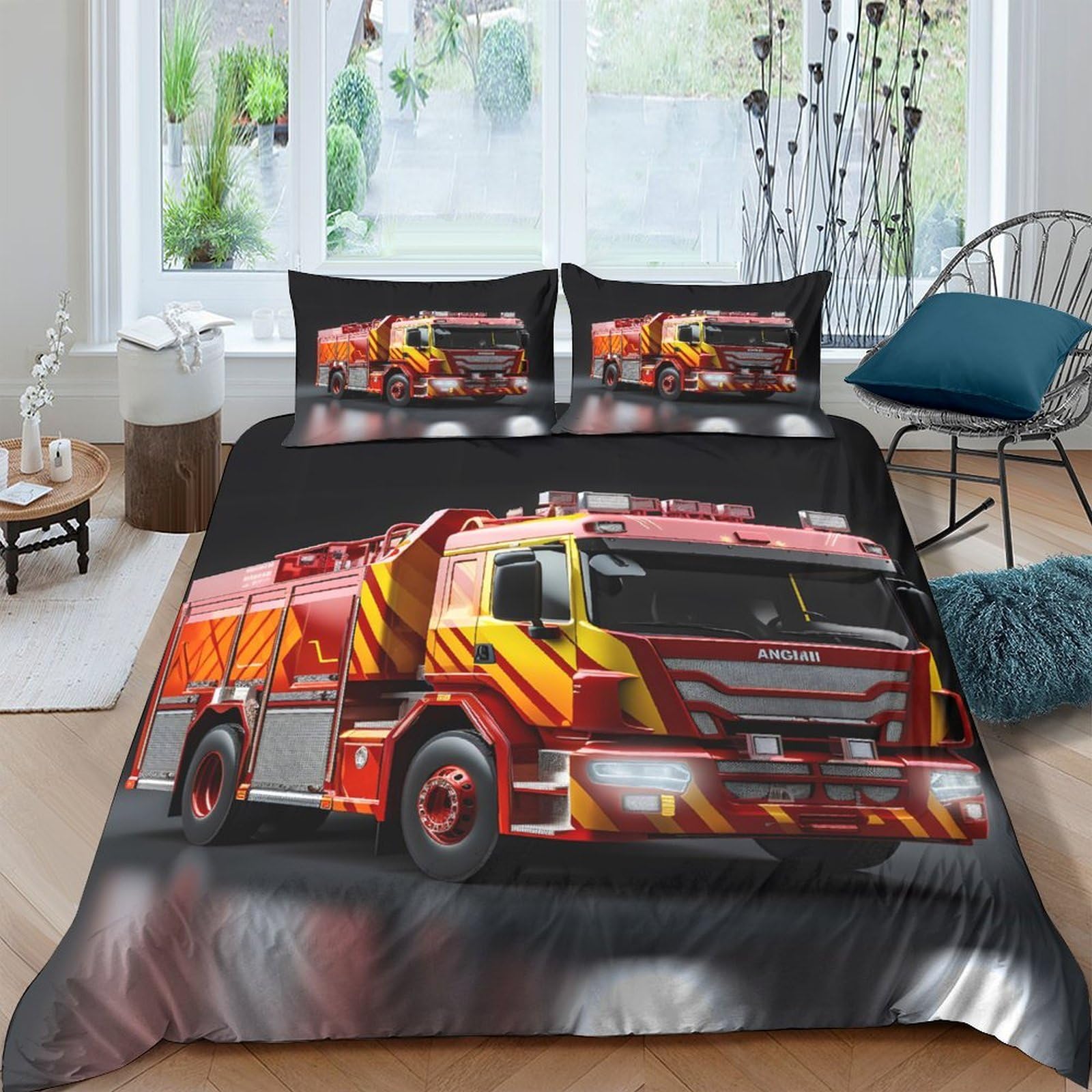 Ctjqhvkz Style-10 3D Printed Fire Truck Fitted Sheet Microfiber Soft Durable Flame Pattern Bed Cover For Bedroom Guest Room Decor Single（135X200cm）