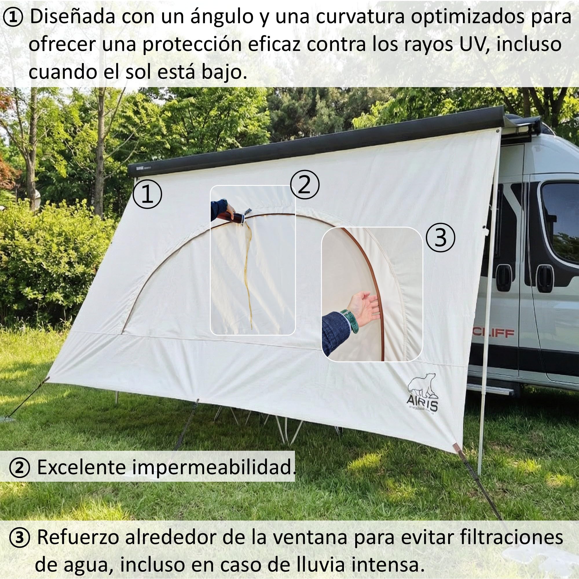 AIRIS - Parasol para autocaravana - Protección eficaz de algodón repelente al agua, fácil de montar, compatible con toldos Thule, Fiamma y Dometic (253 x 185)
