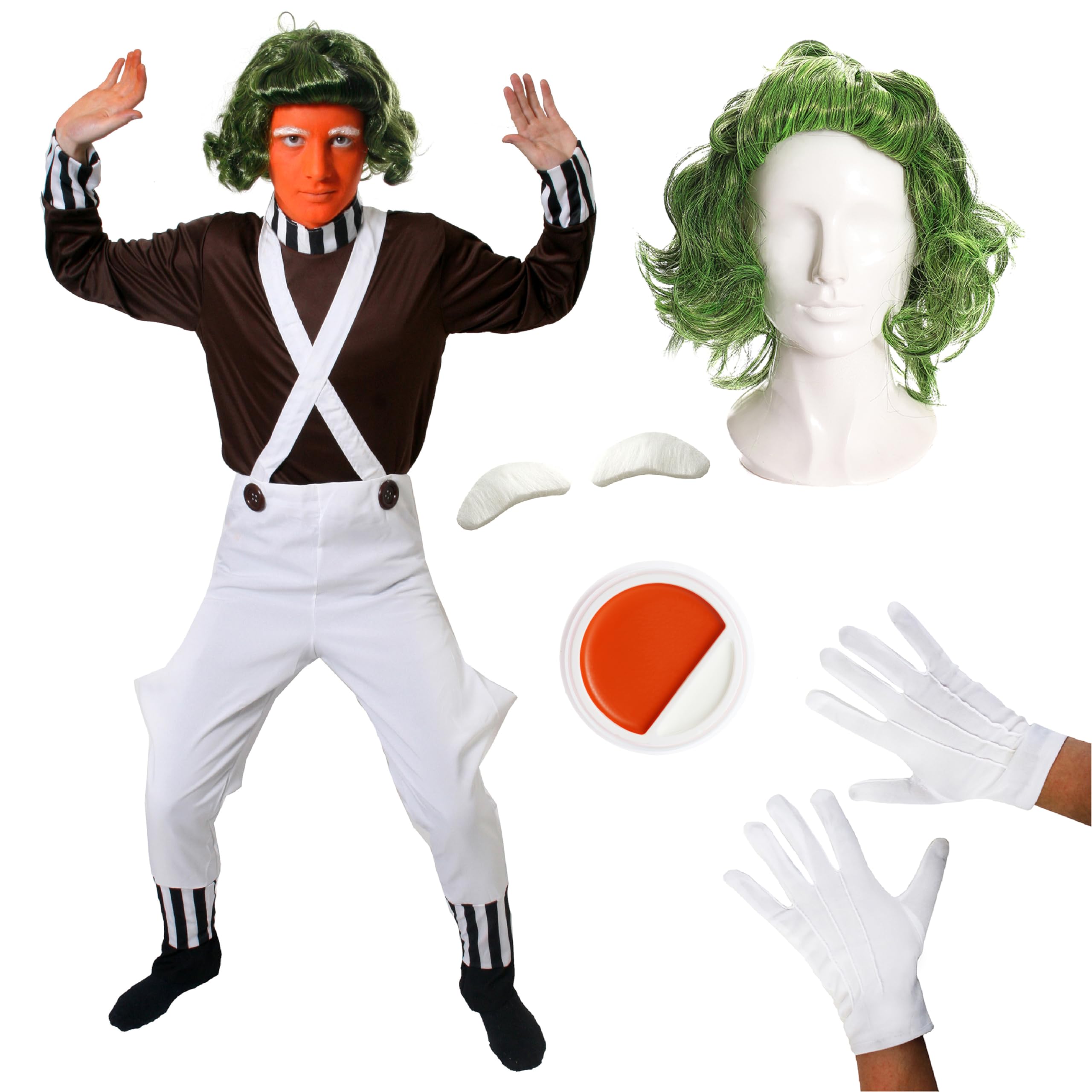 Adults Chocolate Factory Worker - Small - Brown Top, White Dungarees, Green Wig, White Gloves, Orange Facepaint - Adults Fancy Dress Costume Book Week Character