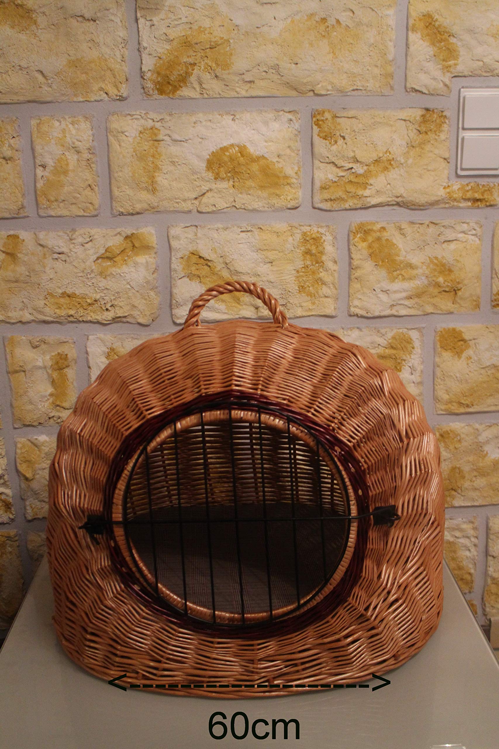 Katzentransportkorb Katzenschlafplatz aus Weide mit Metallgitter und Kissen L XL XXL Transportkorb Transportbox für Hunde oder Katzen (XXL=60x50x52cm)