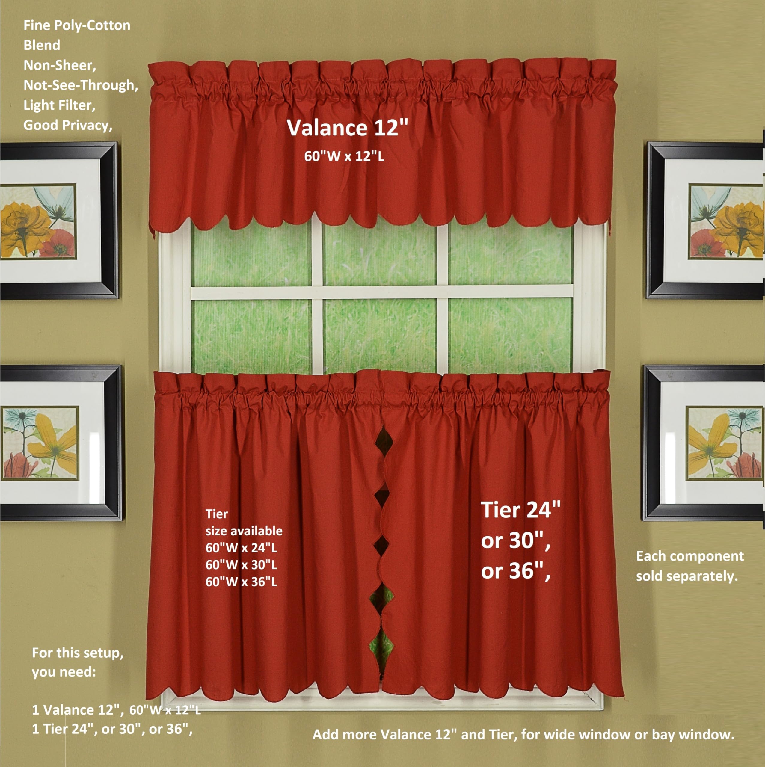 Today's Curtain Orleans 24" Tier Pair Tambour Scallop Edge Curtain, Brick Red, 60" W x L (Pack of 1), W 24" x L 60" (1 Panels) - Image 3