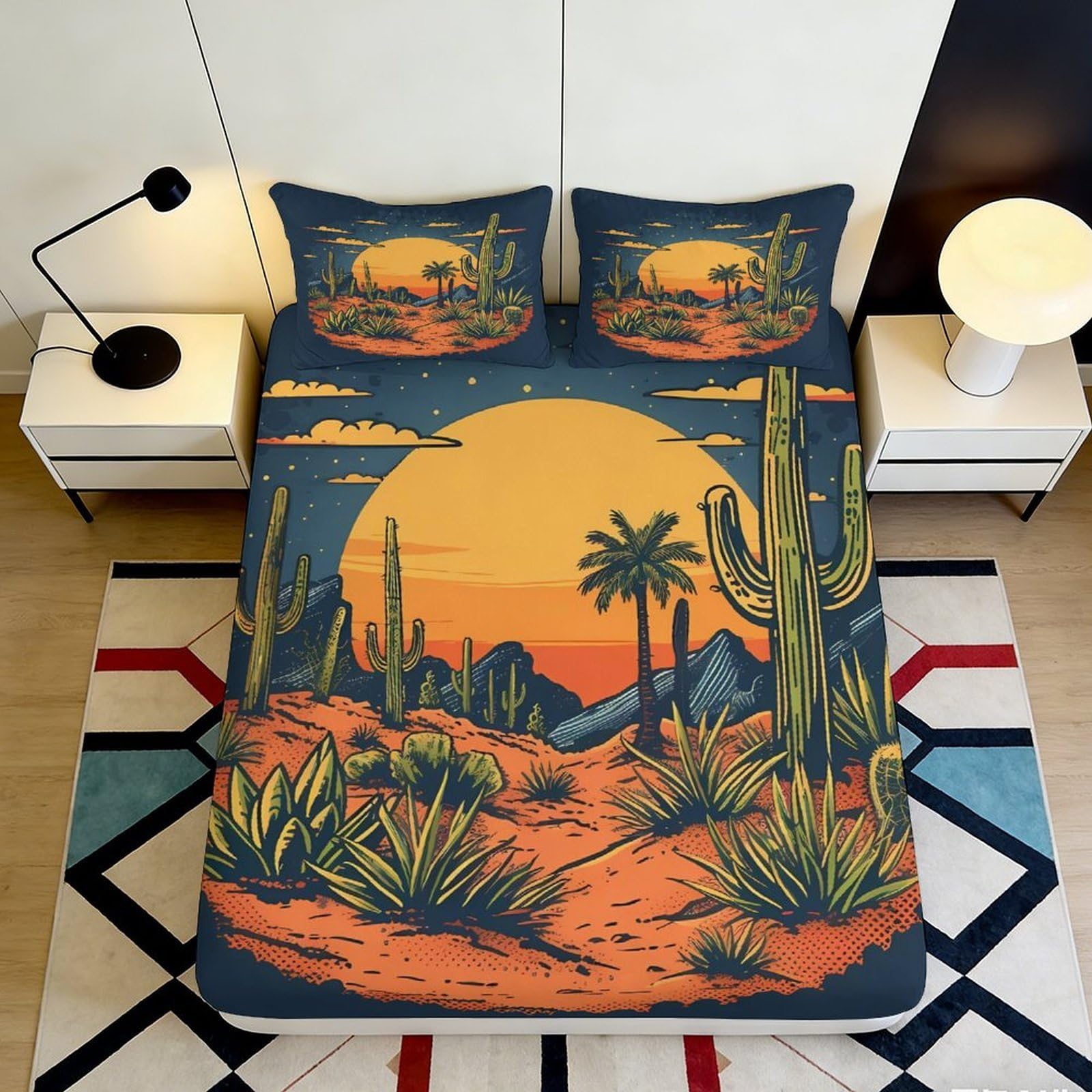 3D Printed Desert Sunset Fitted Sheet Microfiber Cactus Landscape Mattress Cover for Bedroom Guest Room Decor 90x200x25cm