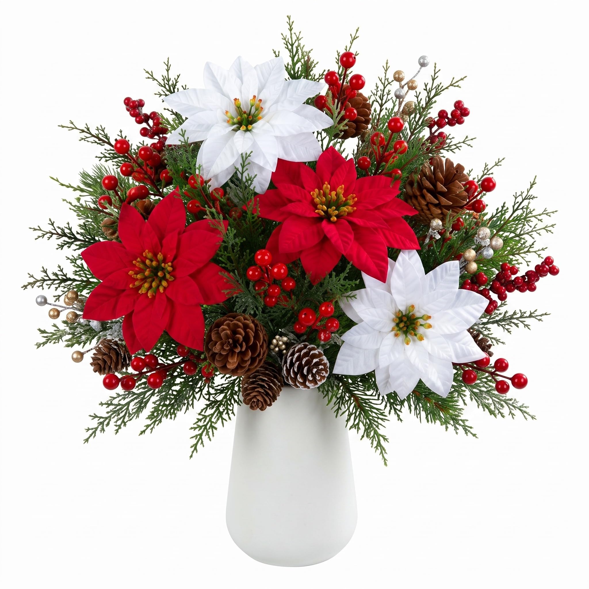 Lot de 20 tiges de pin poinsettia, rouge, vert, blanc | Pics de Noël artificiels avec poinsettias rouges, pommes de pin, baies, aiguilles de pin pour arbre, couronne, vase