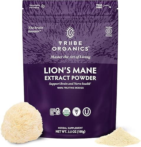 TRIBE ORGANICS Polvo de melena de león – Polvo de extracto de hongo orgánico – Refuerzo del sistema inmunológico y nootrópico cerebral para