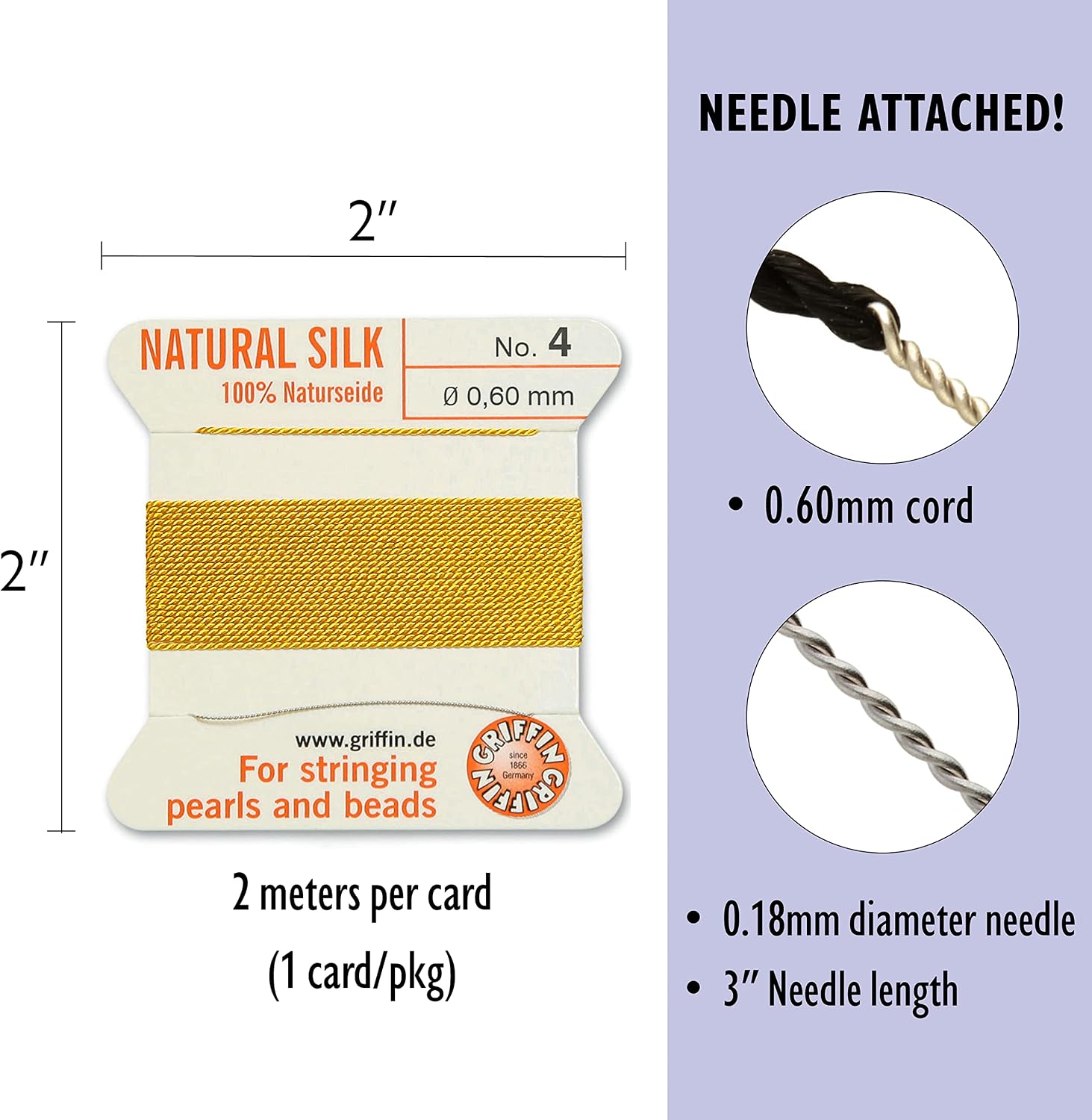 Griffin Silk Bead Cord Perlseide – Yellow Color – Size 4 (0.60mm) – 2 Meters per Card – Stainless Steel Needle Attached – for Knotting Pearls, Gemstones, Crystals and Beads image 4