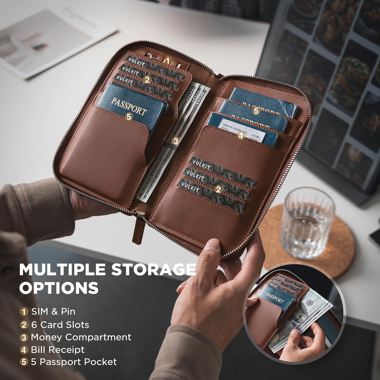 VULKIT Porta passaporto in pelle per famiglia, organizer per documenti da viaggio, con blocco RFID, sottile, doppio slot per schede SIM e porta carte, Espresso, 21 x 14 x 2.3 cm, Casual