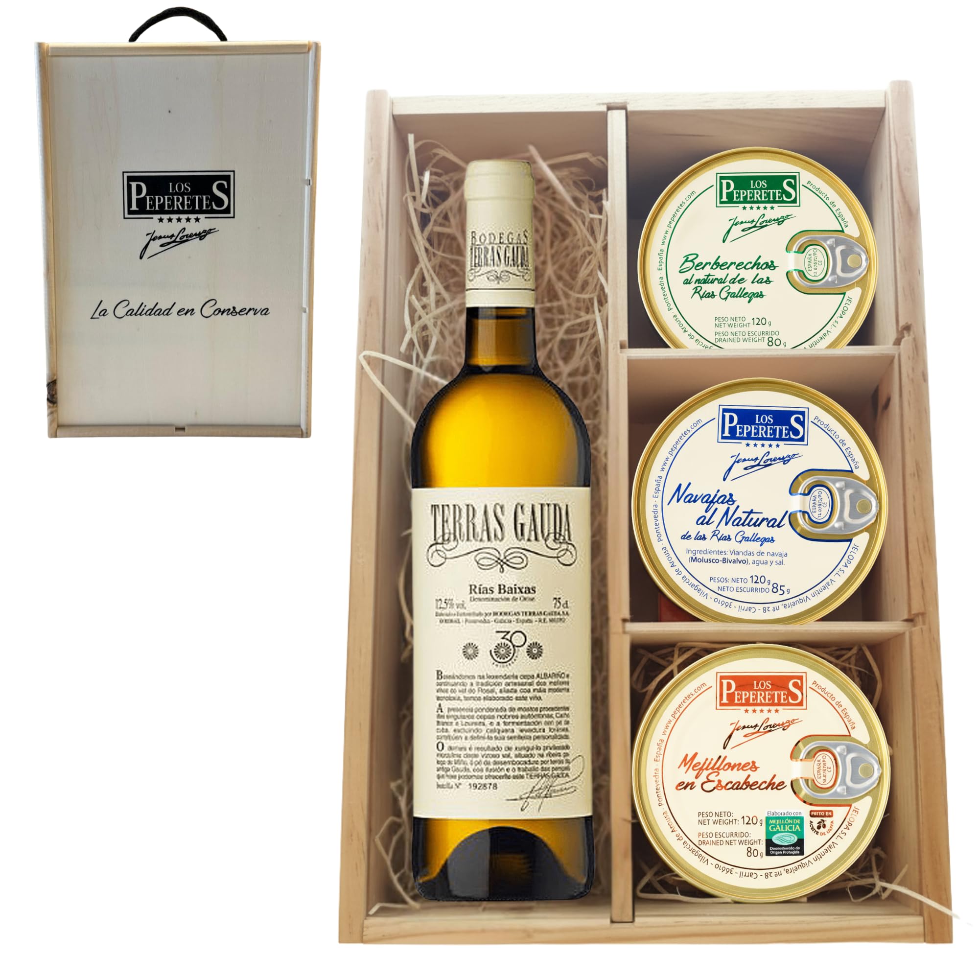 LOS PEPERETES Pack Gourmet con Vino Terras Gauda | Berberechos ×2 · Navajas ×2 · Mejillones Escabeche ×2 | Lote Delicatessen Marisco Gallego