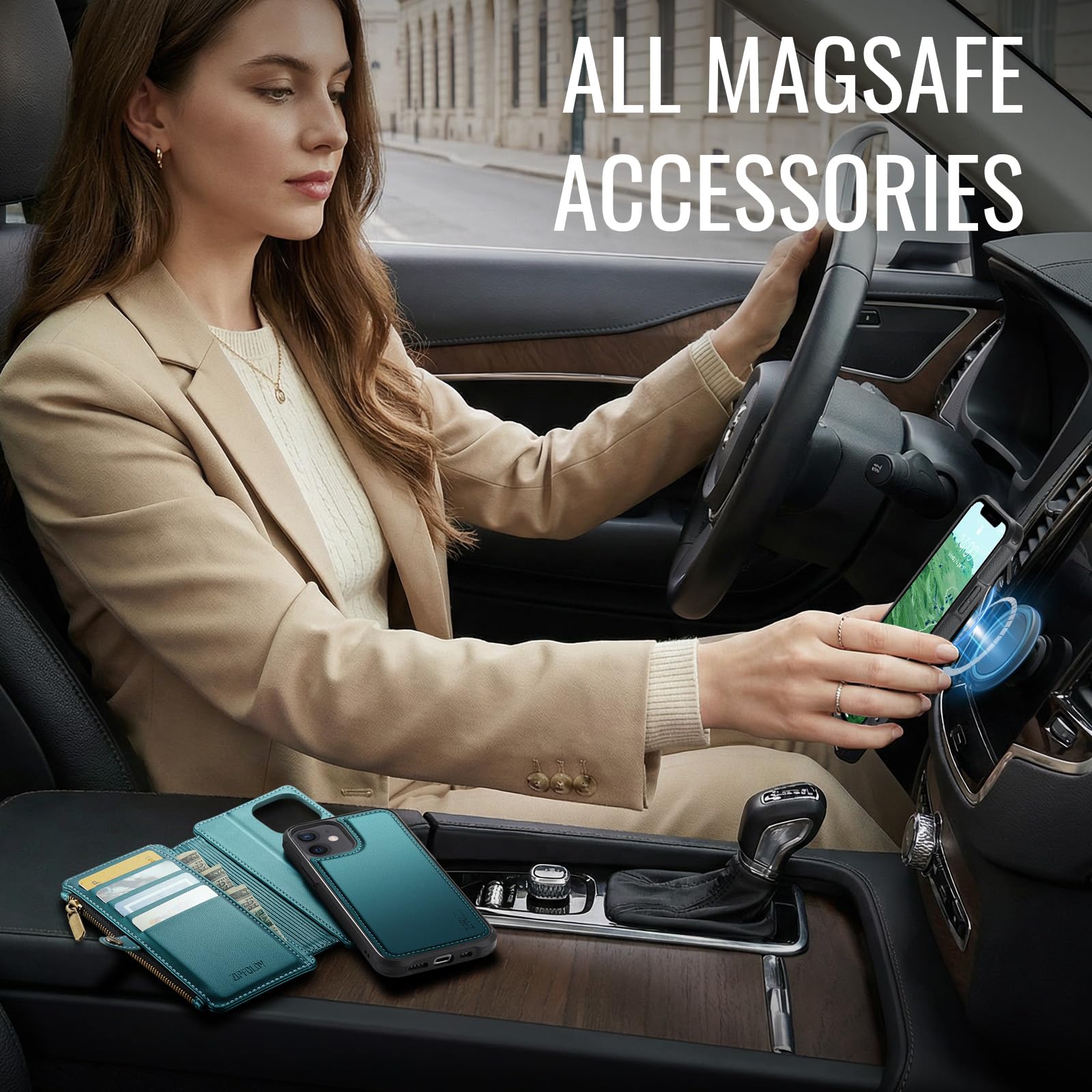 per iPhone 11 - Custodia a portafoglio magnetica staccabile | Compatibile con Magsafe, porta carte di credito con blocco RFID, tasca con cerniera, cinturino da polso