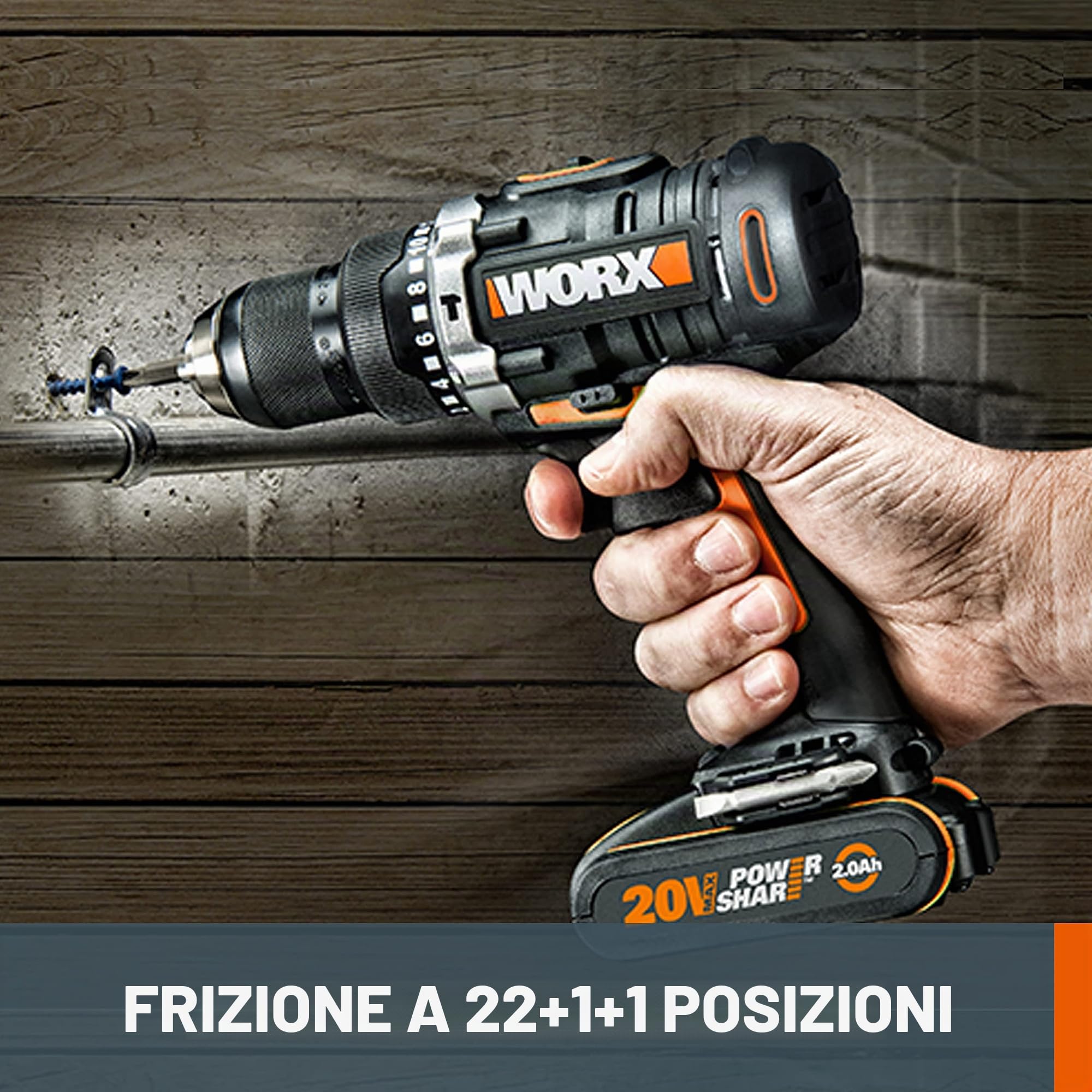 Worx WX372.9 Trapano Avvitatore con Percussione a Batteria 20V, 13 mm Mandrino a Sgancio Rapido, 1.800 giri/min, Stile Numero 28.800 bpm, Luce da Lavoro, 1 Pezzo - Solo Corpo Macchina