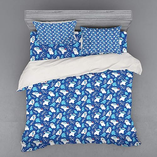 Ambesonne Northwoods Bedding Set, Polar Bear with a Fish and Arctic Coniferous Forest on Blue Backdrop, 4 Piece Duvet Cover Set with Shams and