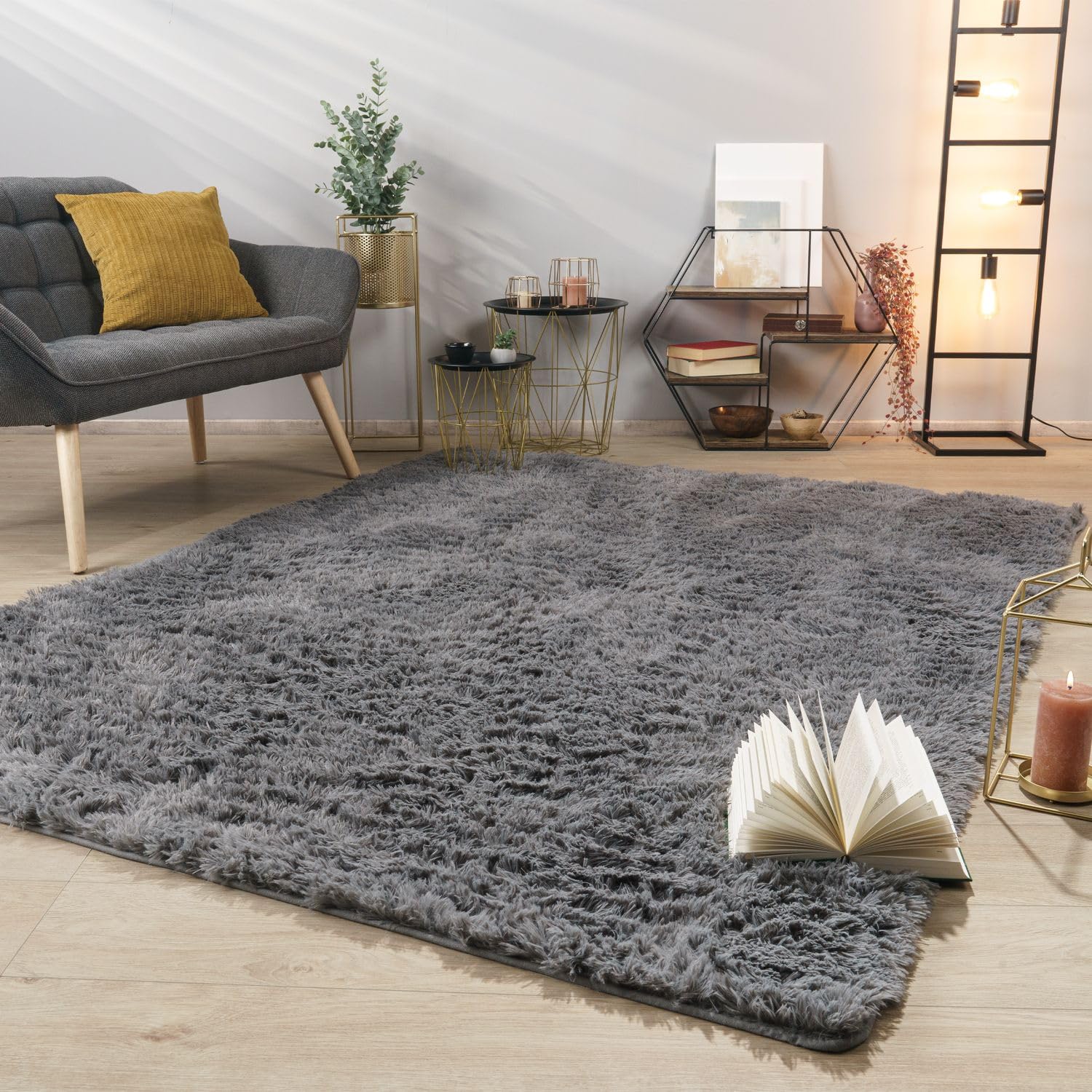 TT Home Teppich Wohnzimmer Hochflor Langflor Weich Soft Modernes Einfarbiges Design, Farbe: Grau, Größe:60x100 cm
