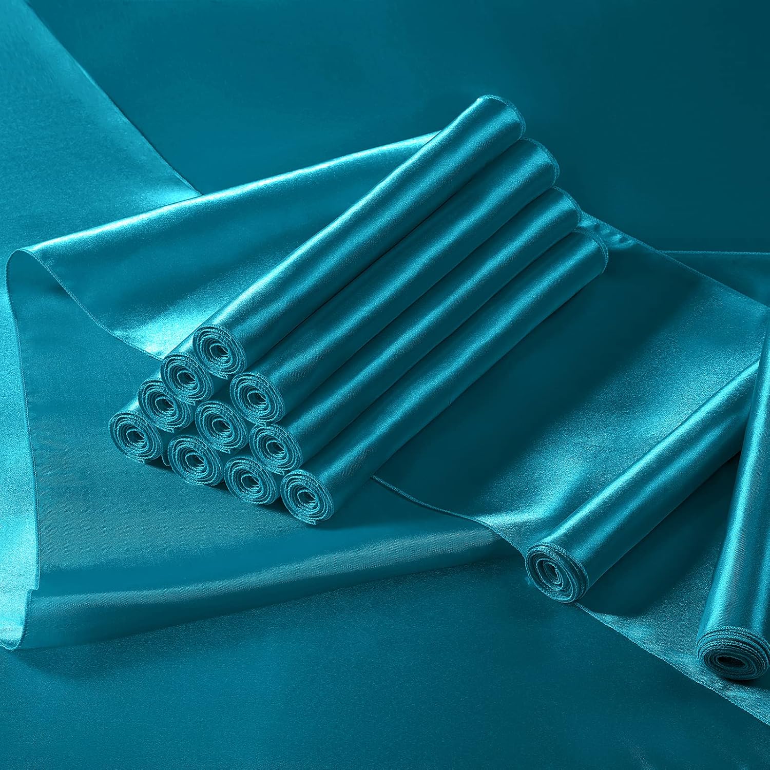 Manyshofu 12Pcs Satin Teal Blue Table Runner - 12 x 108 Inch Long Size, Party Table Runner Decor Bright & Smooth Wedding Decorations Table Runners for Banquet Chef Birthday Buffet Dinner Graduations