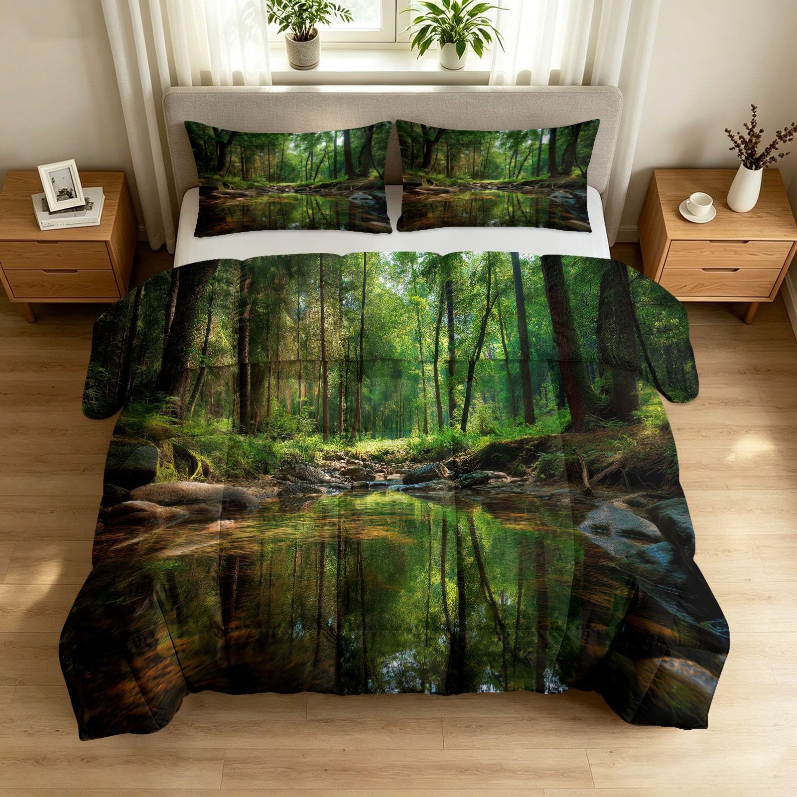 Piumino senza rivestimento, 135 x 200 cm, per tutte le stagioni, lavabile, caldo, delicato sulla pelle, motivo: foresta e ruscello sole, trapunta per tutto l'anno, con 2 federe da 80 x 80 cm