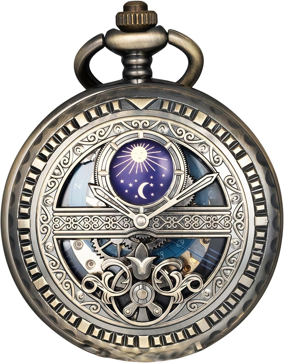 Hollow Moon Mechanical Pocket Watch Necklace Pendant Gift for Men, Men's Sun Moon Mechanical Pocket Watch Roman Digital Dial with Chain Gift