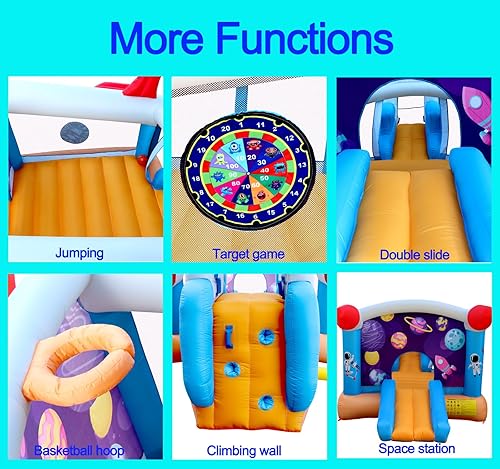 Miniatura 5 de WELLFUNTIME Casa inflable de rebote con doble tobogán, castillo de salto con ventilador y borde de baloncesto, juego objetivo, trampolín grande