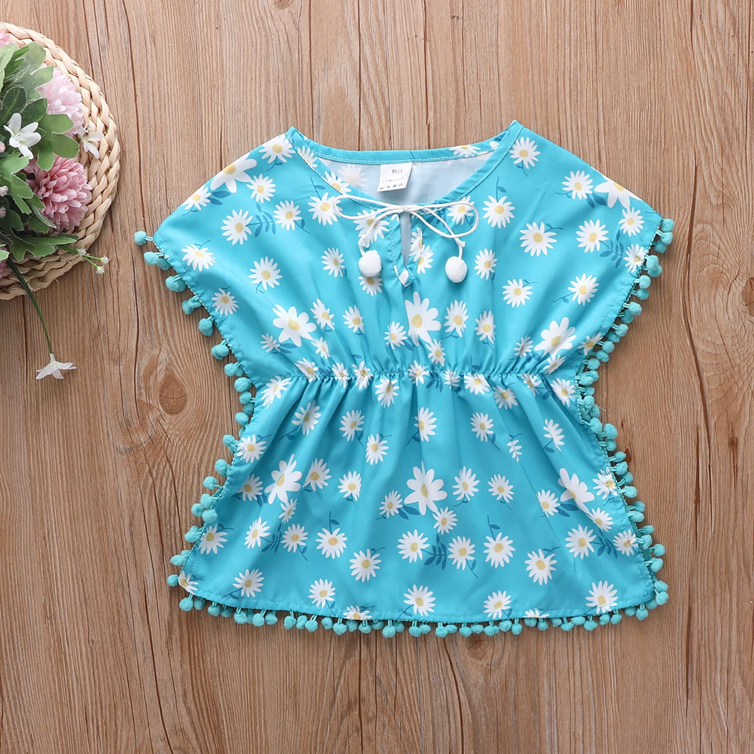 Verve Jelly Traje de baño para niñas pequeñas, vestido playero, vestido playero con borlas y bolas, Poncho Wraps, conjunto de Tops de playa de verano