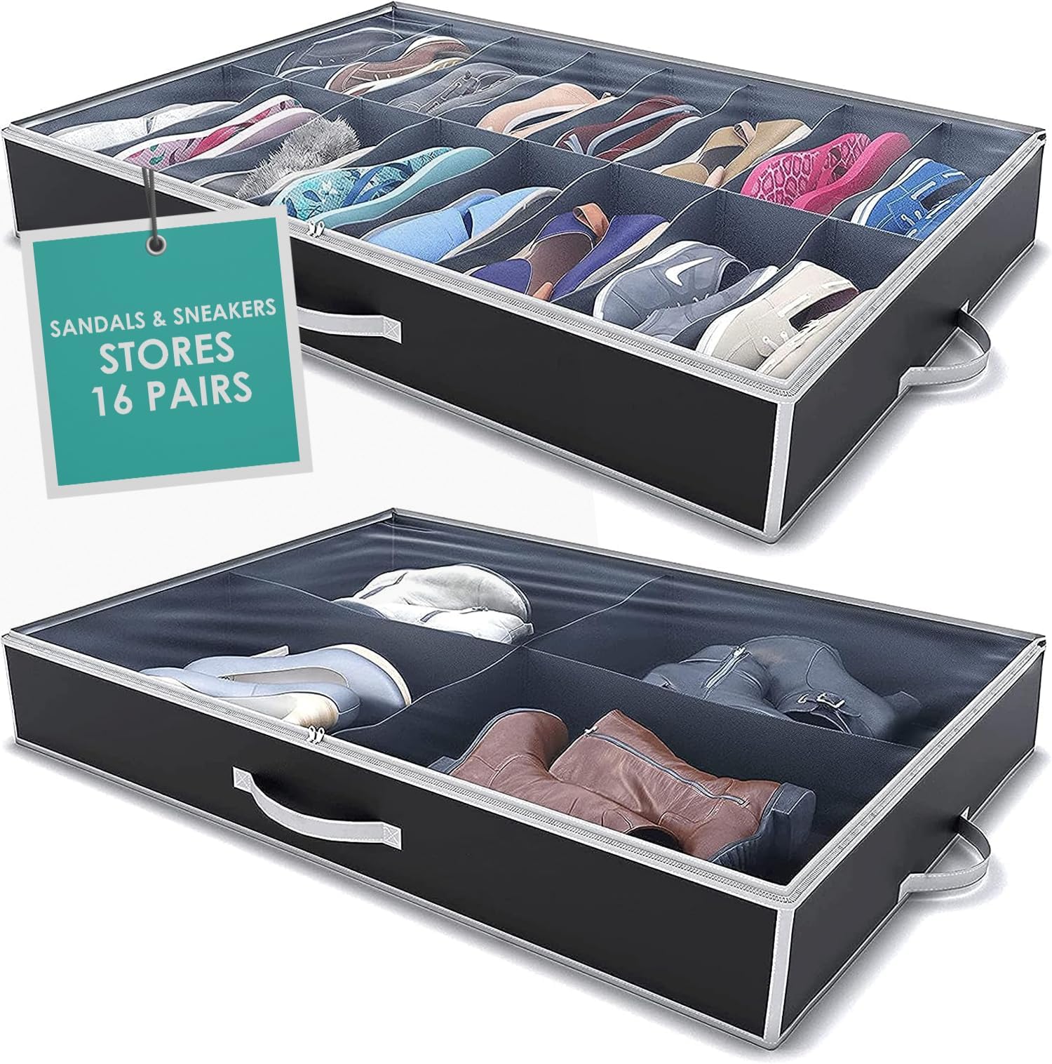 Woffit Under Bed Shoe Storage Organizer โ Fits 16 Pairs of Shoes & 4 Pairs of Boots in Sturdy Box w/Strong Zipper & Handles โ Underbed Organizers for Kids & Adults