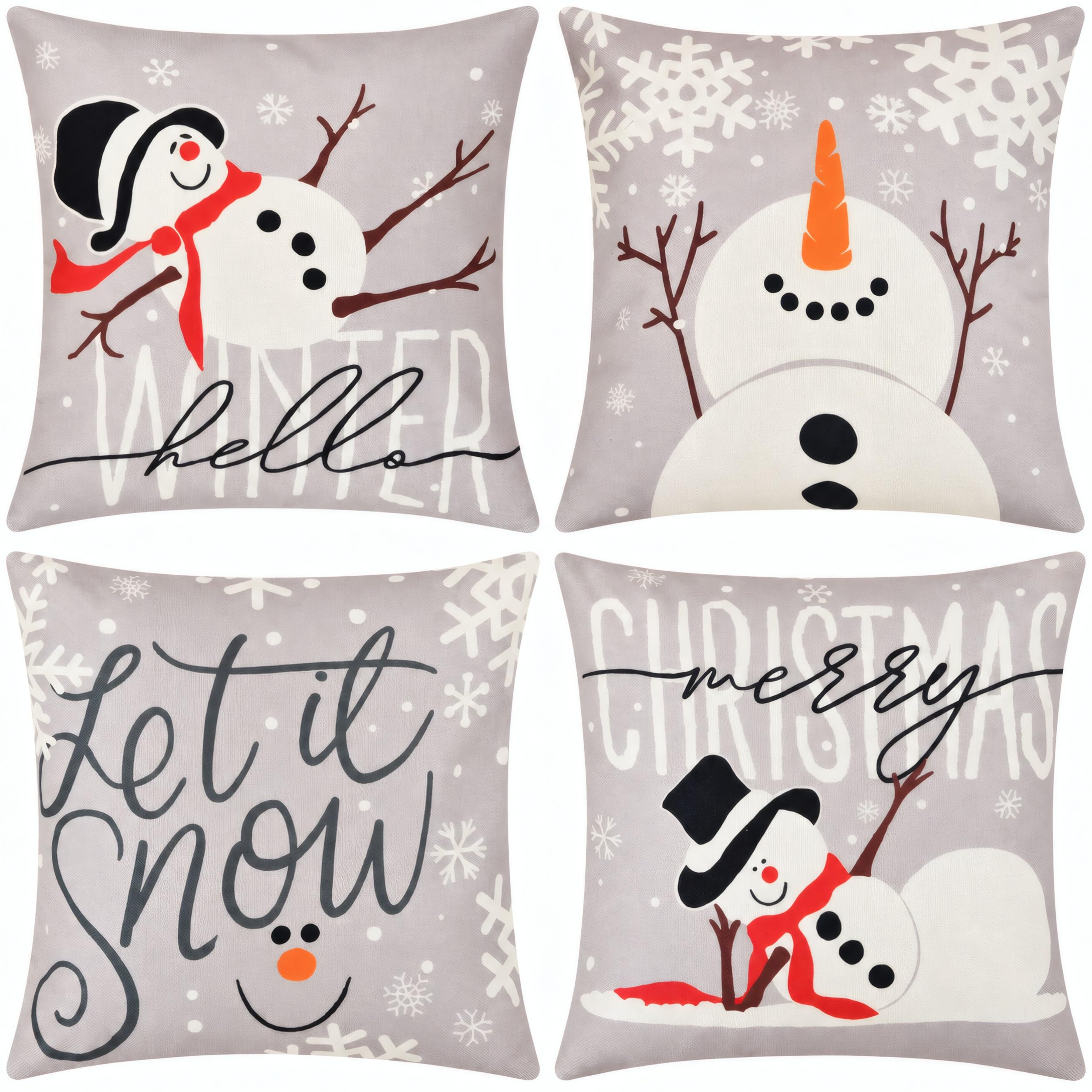 ALINK 4 Stück Kissenbezüge Weihnachten 45x45 cm, Schneemann & Schneeflocken | Weihnachtskissenbezüge 4er Set, graue Dekokissenhüllen als Sofadeko für Sofa, Couch, Sessel und Bett, Winterdeko für Zuhause