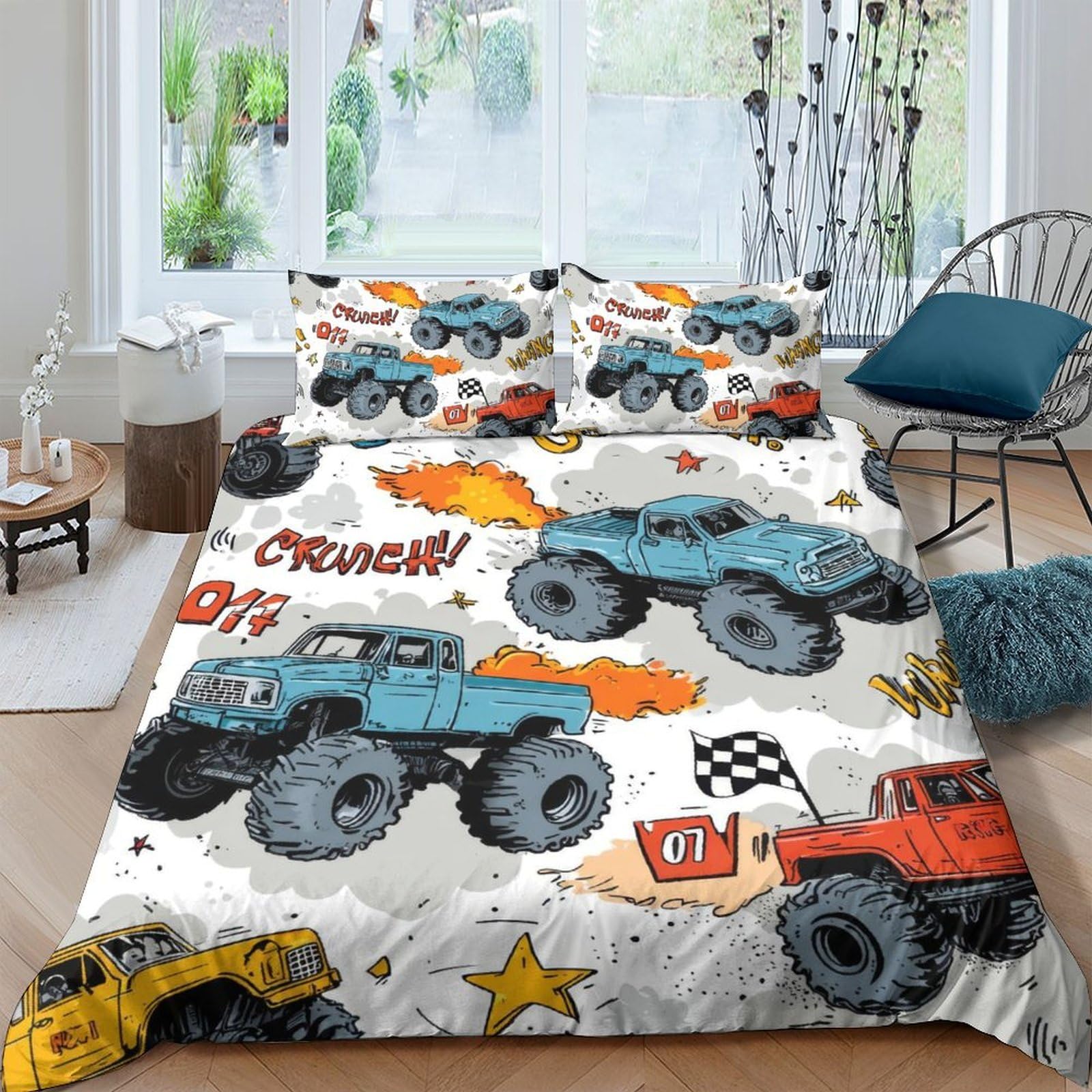 Ctjqhvkz Style-9 3D Printed Monster Truck Fitted Sheet Microfiber Anti-Slip Bed Cover Cartoon Race Decor For Bedroom Dorm Guest Room Single（135X200cm）